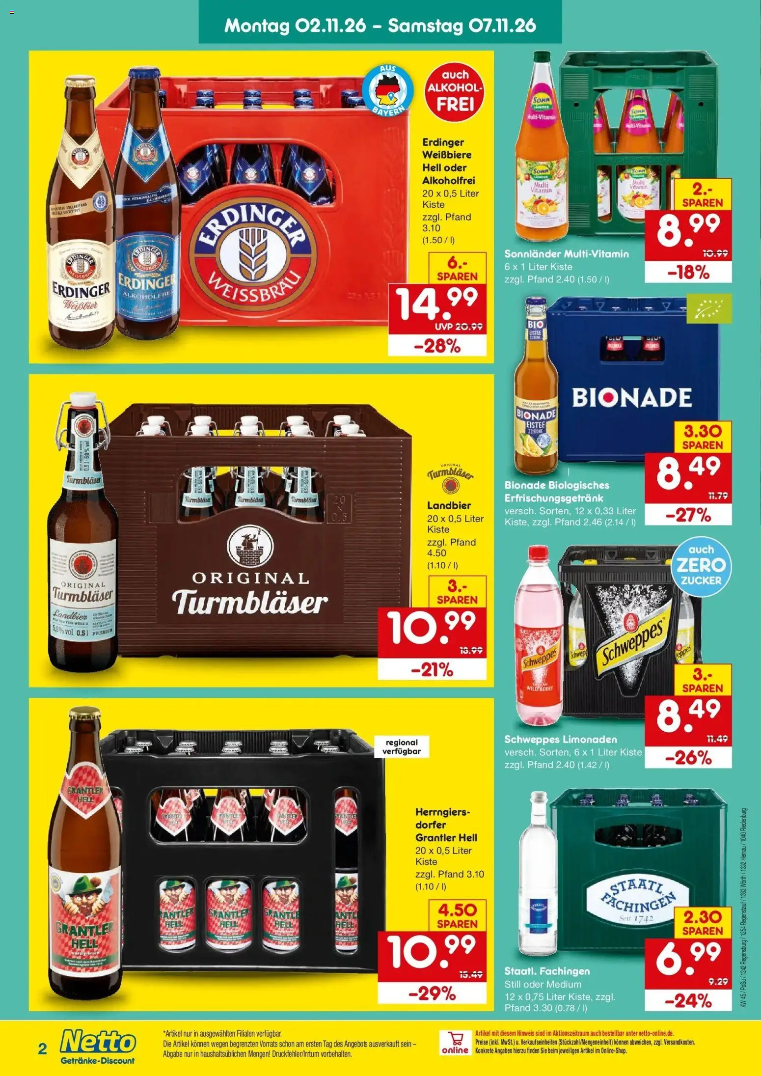 Vorschau von dem Prospekt des Geschäftes Netto Marken-Discount, gültig ab dem 02.11.2026 - Alkohol, Zucker, Zitrone, Schweppes, Bionade, Erdinger, Weißbier