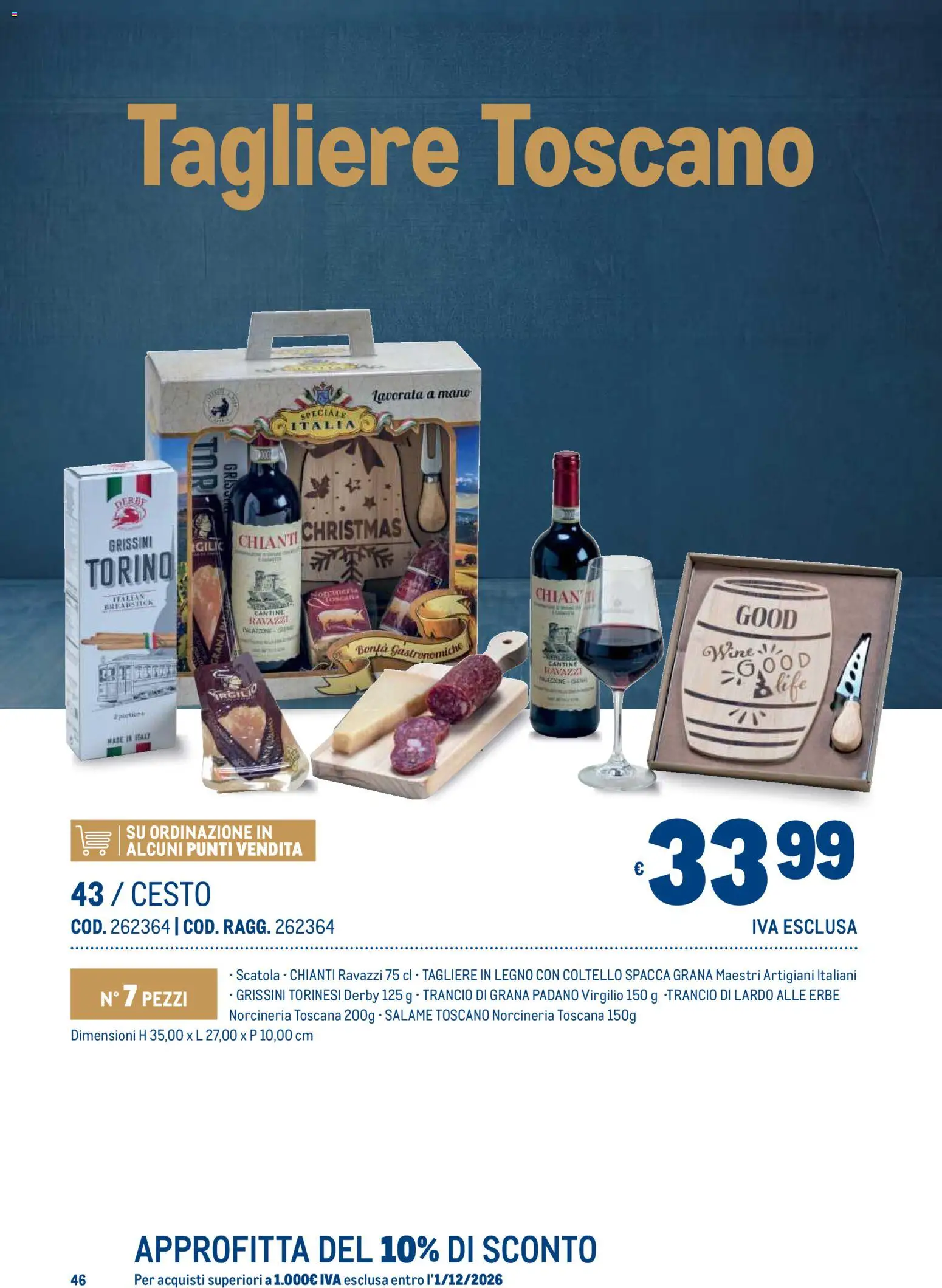 Anteprima dell'opuscolo Metro volantino Regalistica Natale dal negozio Metro valido da 19/10/2026 - Salame, Grana Padano, Tagliere, Lardo, Grissini, Scatola, Erbe