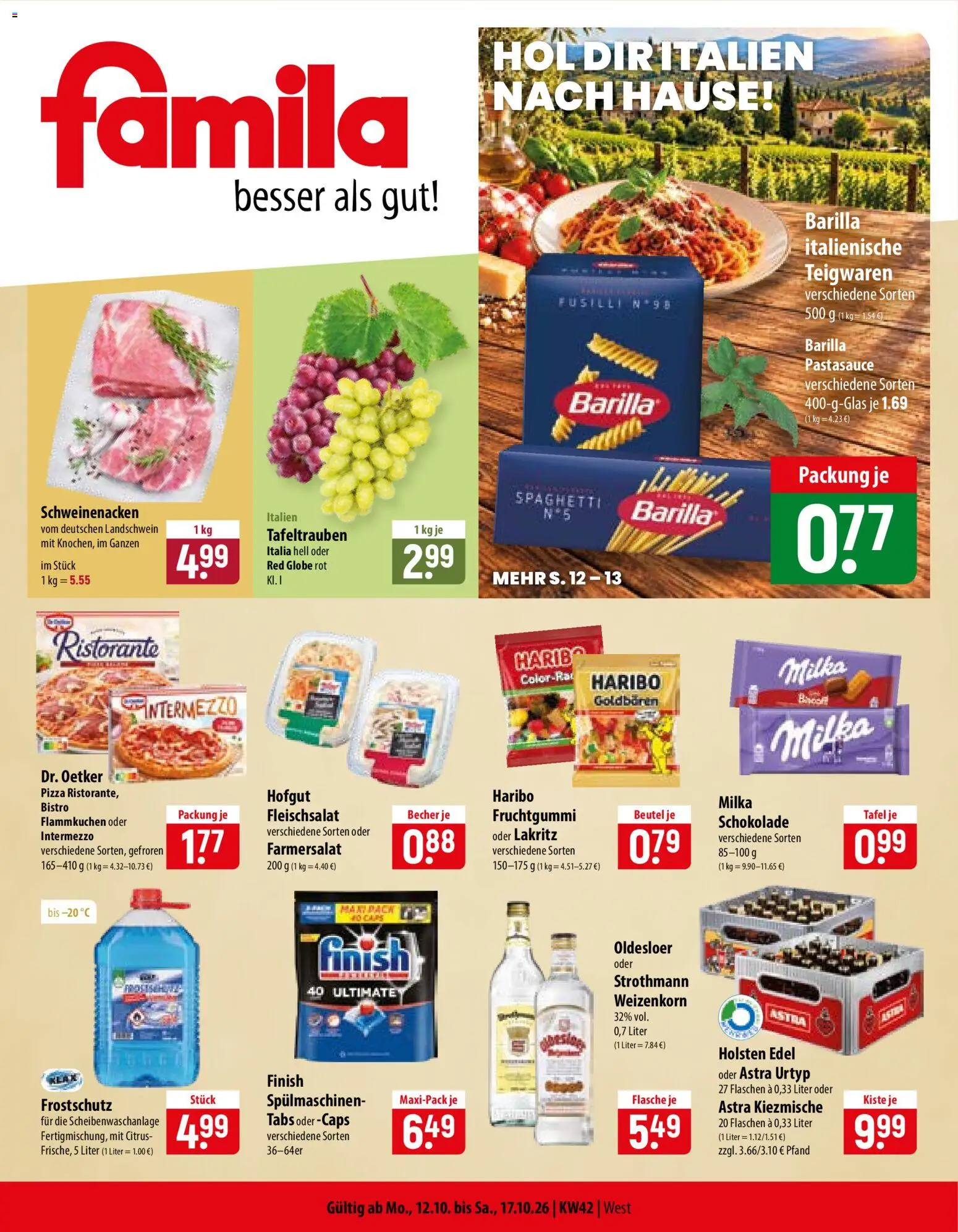 Vorschau von dem Prospekt des Geschäftes Famila, gültig ab dem 12.10.2026 - Pizza, Schokolade, Spaghetti, Ristorante, Barilla, Astra, Schweinenacken, Finish