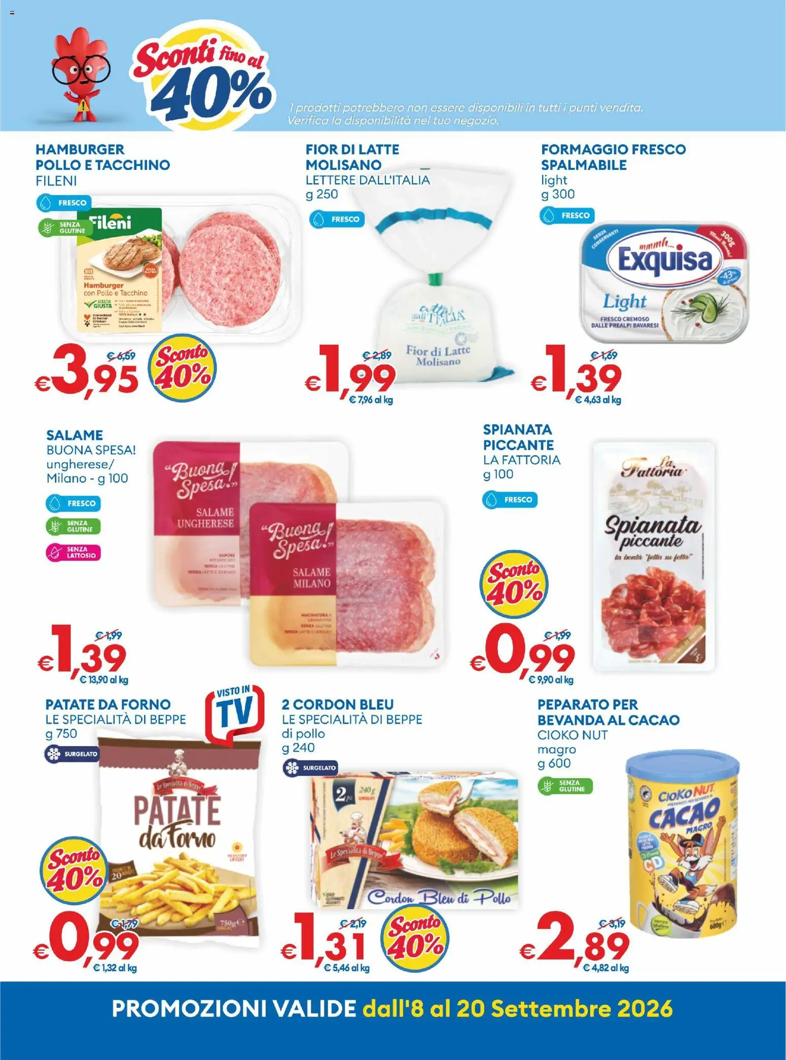 Anteprima dell'opuscolo MD Discount volantino dal negozio MD Discount valido da 08/09/2026 - Hamburger, Senza glutine, Pollo, Formaggio, Tacchino, Cacao, Specialità, Formaggio fresco