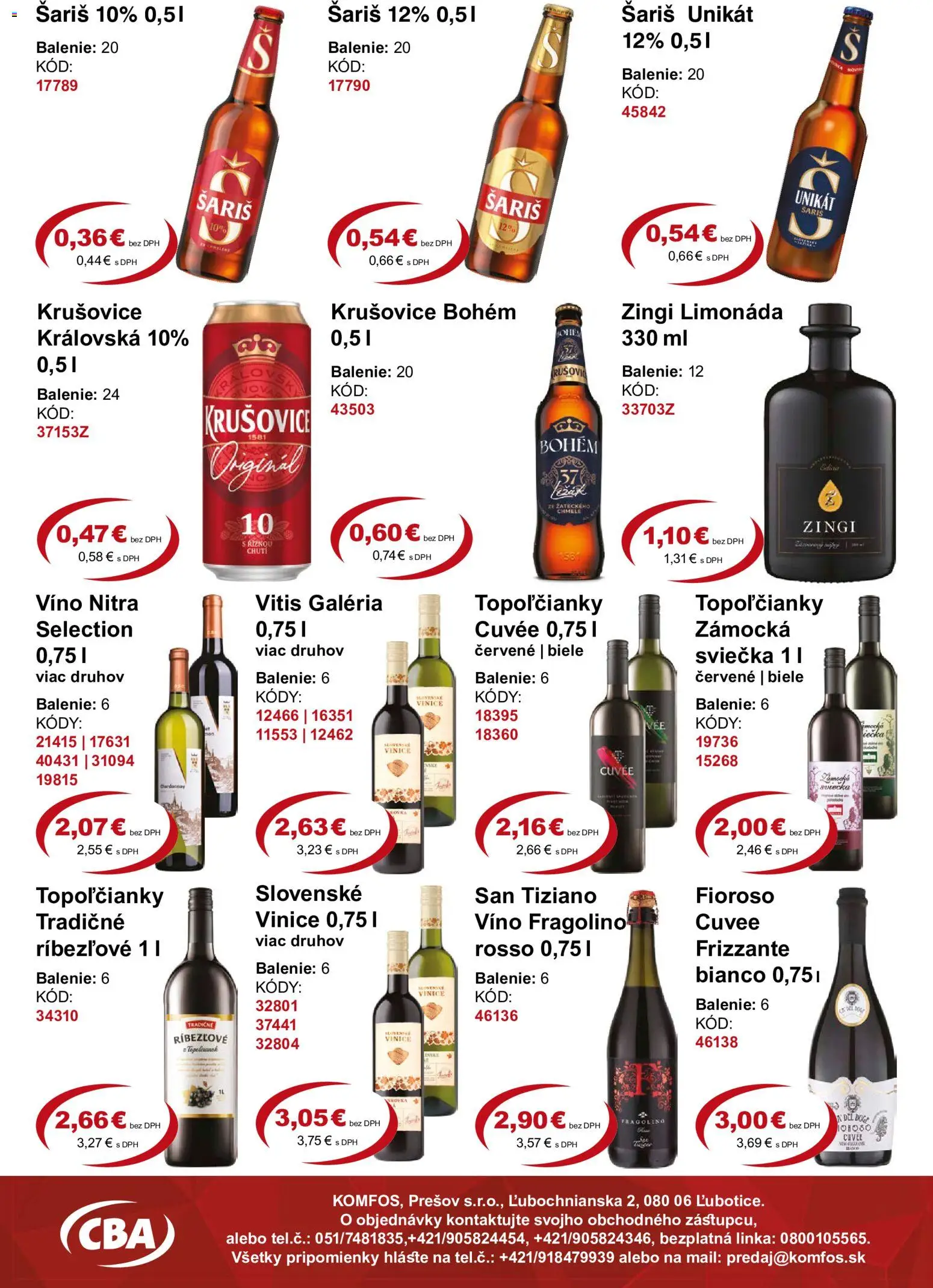 Náhľad CBA Komfos letáku platného od 18.09.2026 - Víno, Krušovice, Šariš, Limonáda