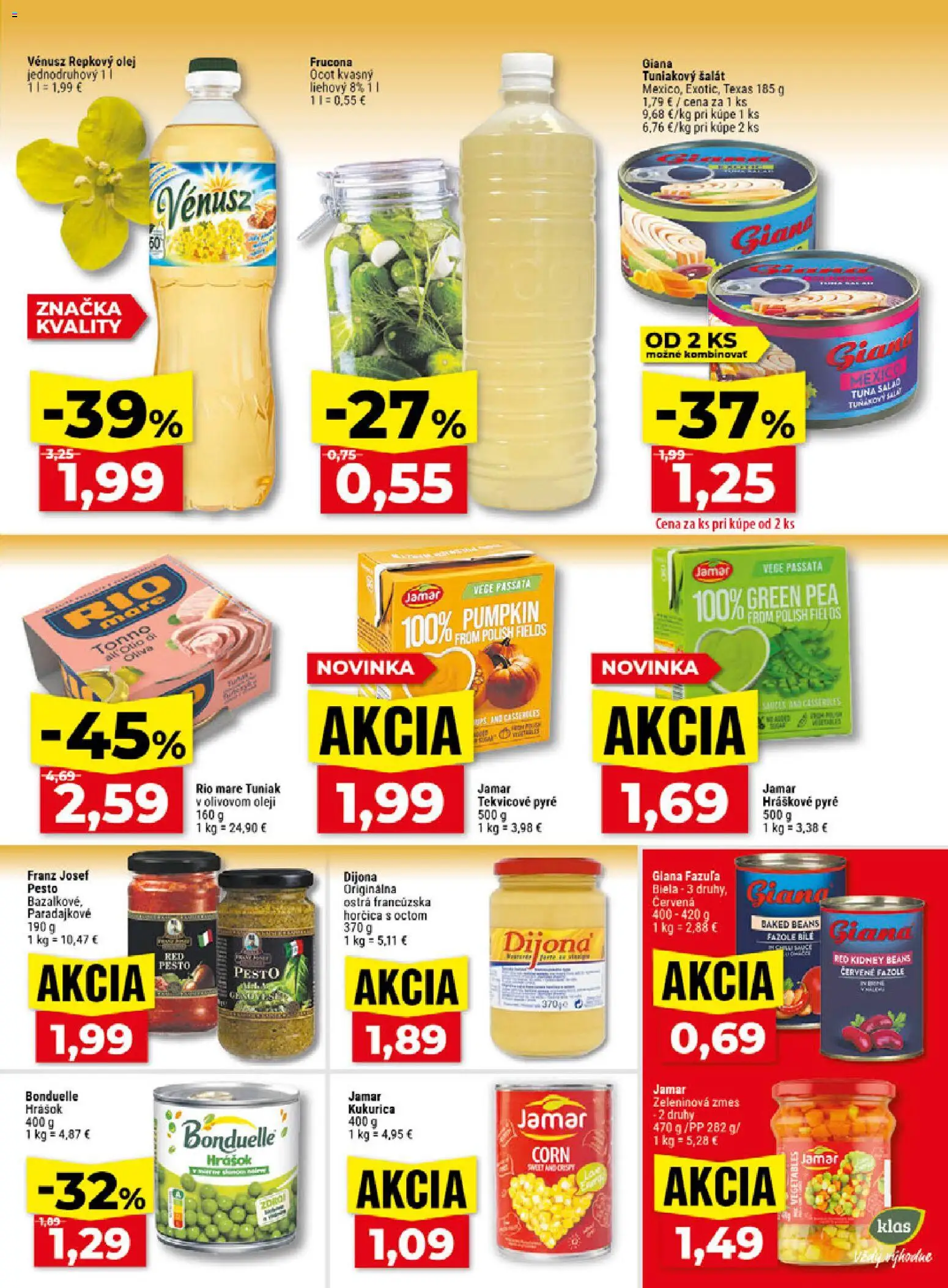 Náhľad Klas letáku platného od 26.10.2026 - Kukurica, Pesto, Ocot, Horčica, Rio Mare, Repkový olej, Hrášok, Zeleninová zmes