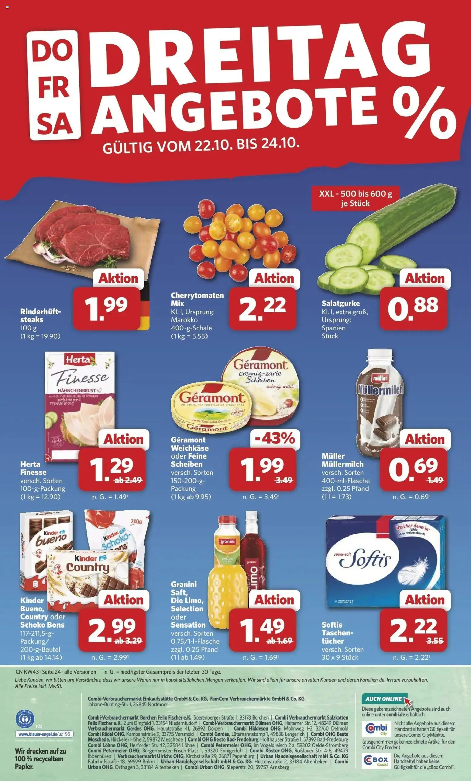 Vorschau von dem Prospekt des Geschäftes Combi, gültig ab dem 19.10.2026 - Taschen, Müllermilch, Granini, Geramont, Herta finesse, Hahnchenbrust, Muller mullermilch