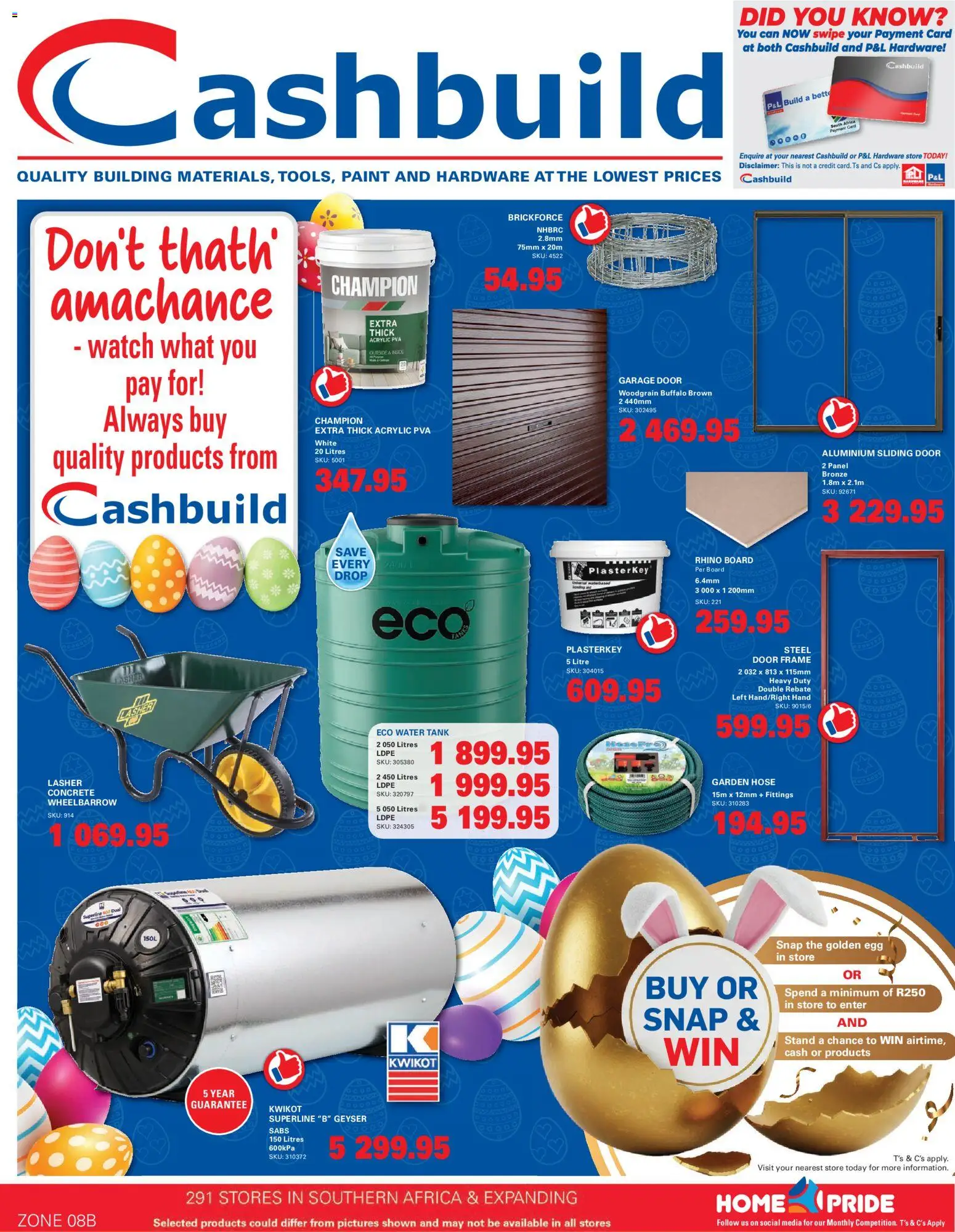Preview of Cashbuild flyer valid from 23/03/2026 - Water, Watch, Paint, Geyser, Wheelbarrow, Frame, Door frame, Garden hose