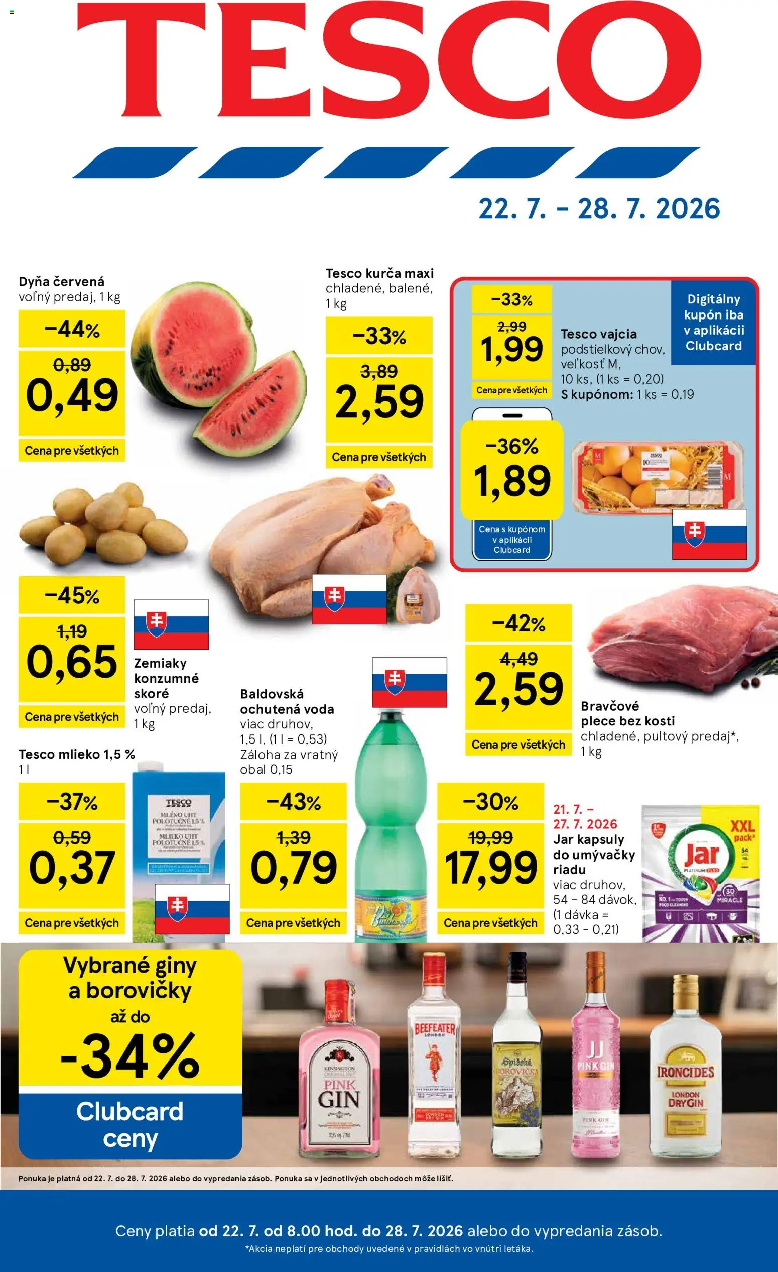 Náhľad Tesco letáku platného od 22.07.2026 - Voda, Jar, Vajcia, Beefeater, Zemiaky, Kapsuly do umývačky riadu, Bravčové plece, Ochutená voda