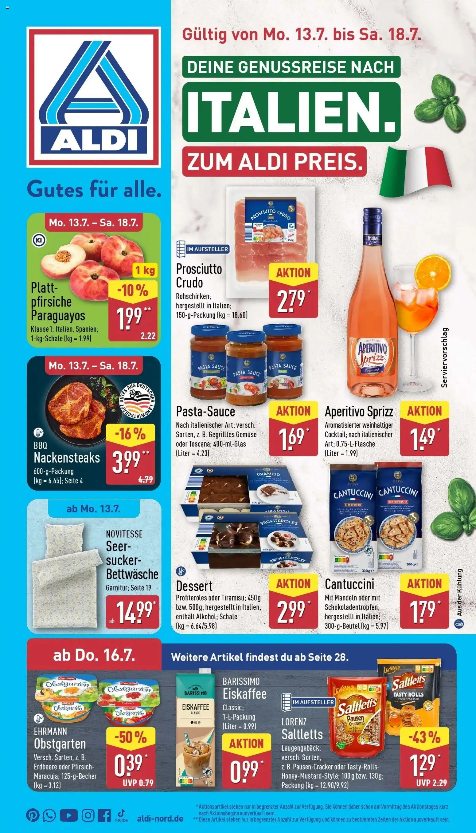 Vorschau von dem Prospekt des Geschäftes Aldi, gültig ab dem 12.07.2026 - Bettwäsche, Pasta, Gemüse, Pfirsich, Mandeln, Nackensteaks