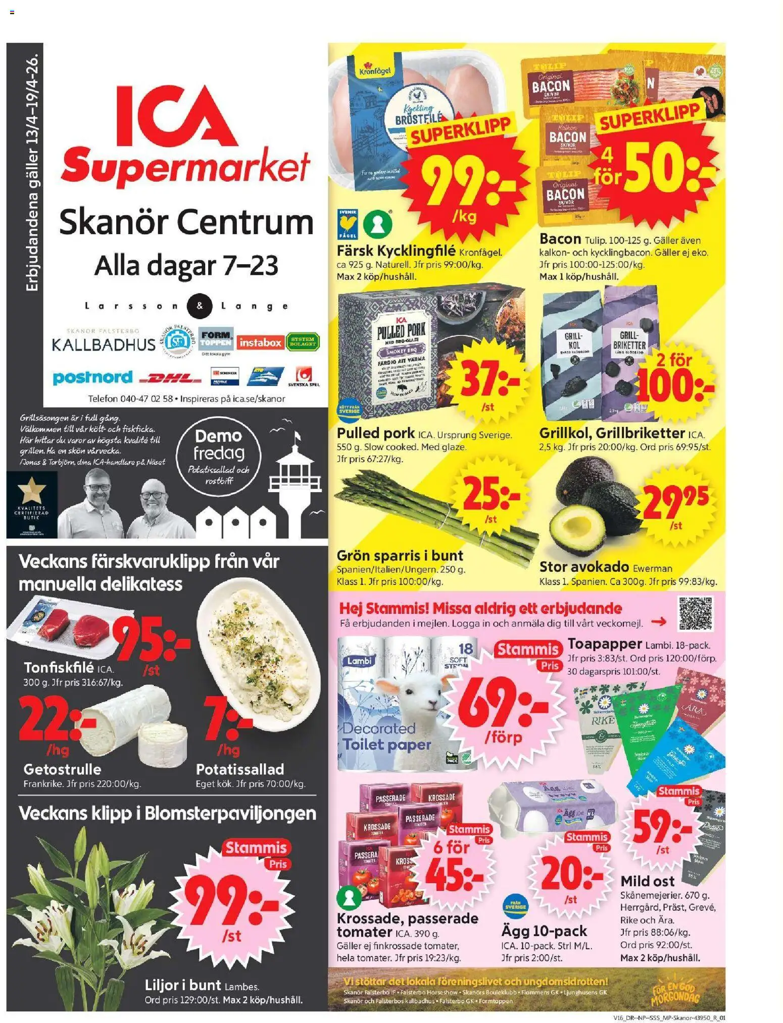 Förhandsgranska reklamblad Skanör från butik ICA Supermarket gäller från 13/04/2026 - Grill, Ost, Kalkon, Rostbiff, Sparris, Tomater, Briketter, Potatissallad