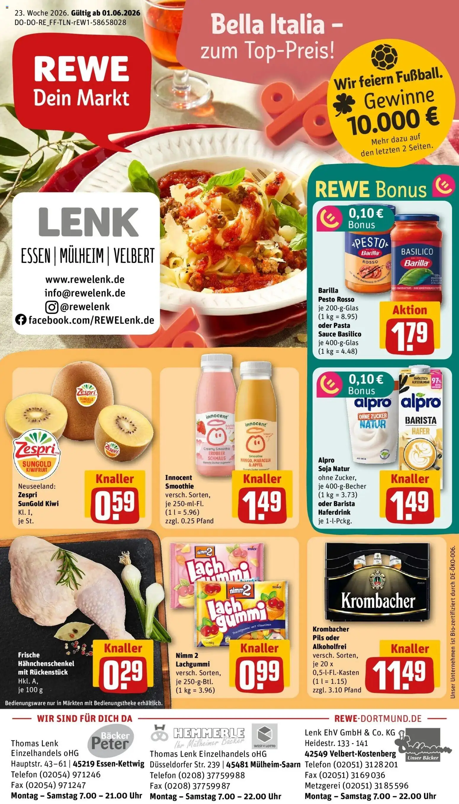 Vorschau von dem Prospekt des Geschäftes Rewe, gültig ab dem 01.06.2026 - Pasta, Äpfel, Zucker, Hahnchenschenkel, Barilla pesto, Alpro, Pils, Haferdrink