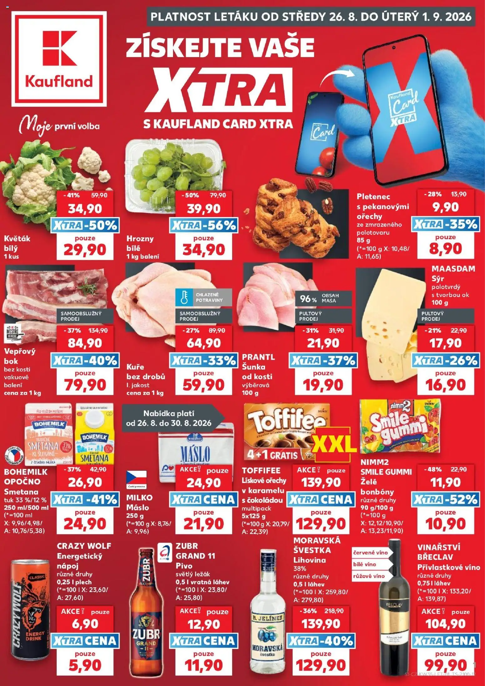 Náhled nabídky: Kaufland Kaufland leták - Plzeň platný od 26.08.2026 - Víno, Zubr, Energetický nápoj, Bonbóny, Červené víno, Hrozny, Energetický nápoj Crazy Wolf, Bok bez kosti