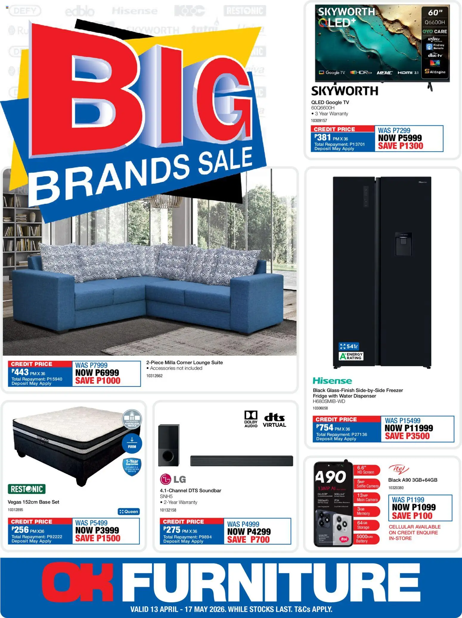 Preview of OK Furniture flyer valid from 13/04/2026 - Water, Fridge, TV, Lounge suite, Soundbar, Freezer, Remote, Audio