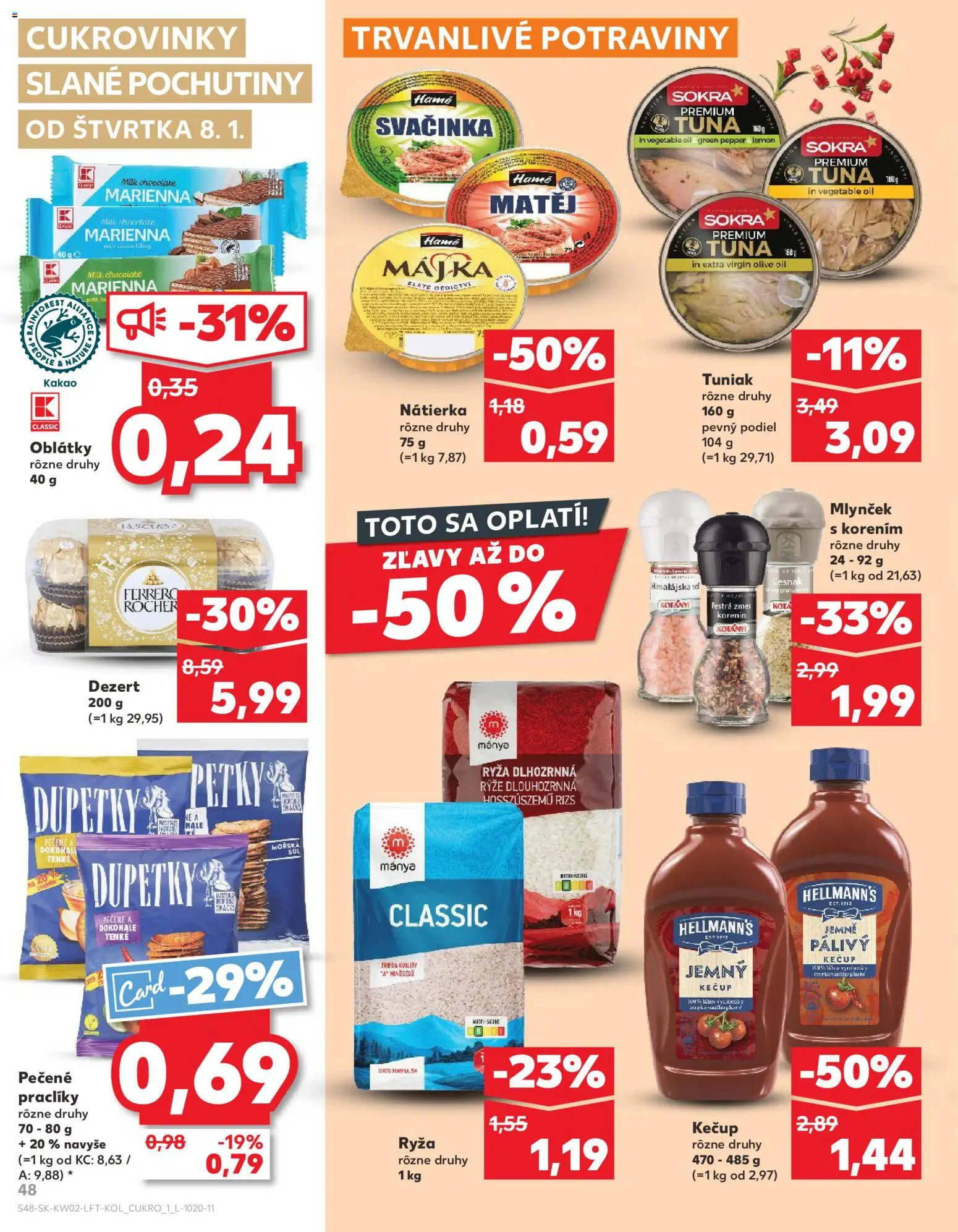 Náhľad Kaufland letáku platného od 08.01.2026 - Soľ, Ferrero Rocher, Ryža, Kakao, Kečup, Nátierka, Oblátky, Mlynček