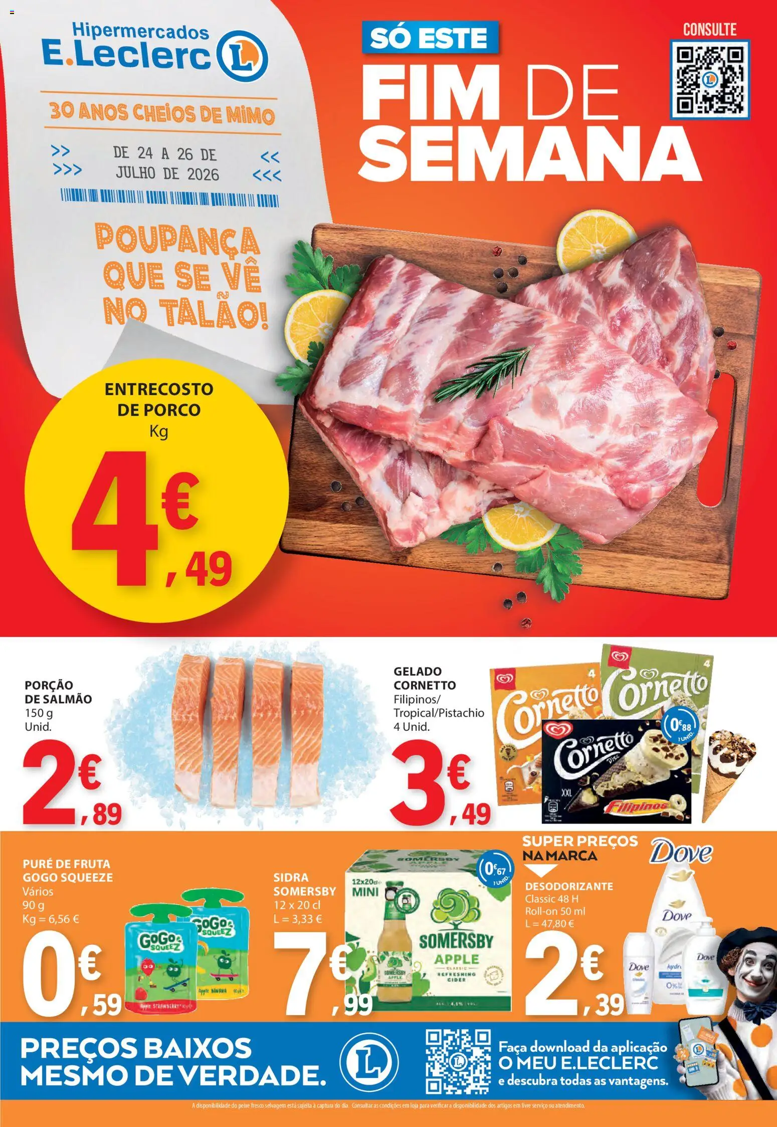 Pré-visualização do folheto da loja E.Leclerc válida a partir de 24/07/2026 - Gelado, Somersby, Peixe, Desodorizante, Salmão, Sidra, Faca