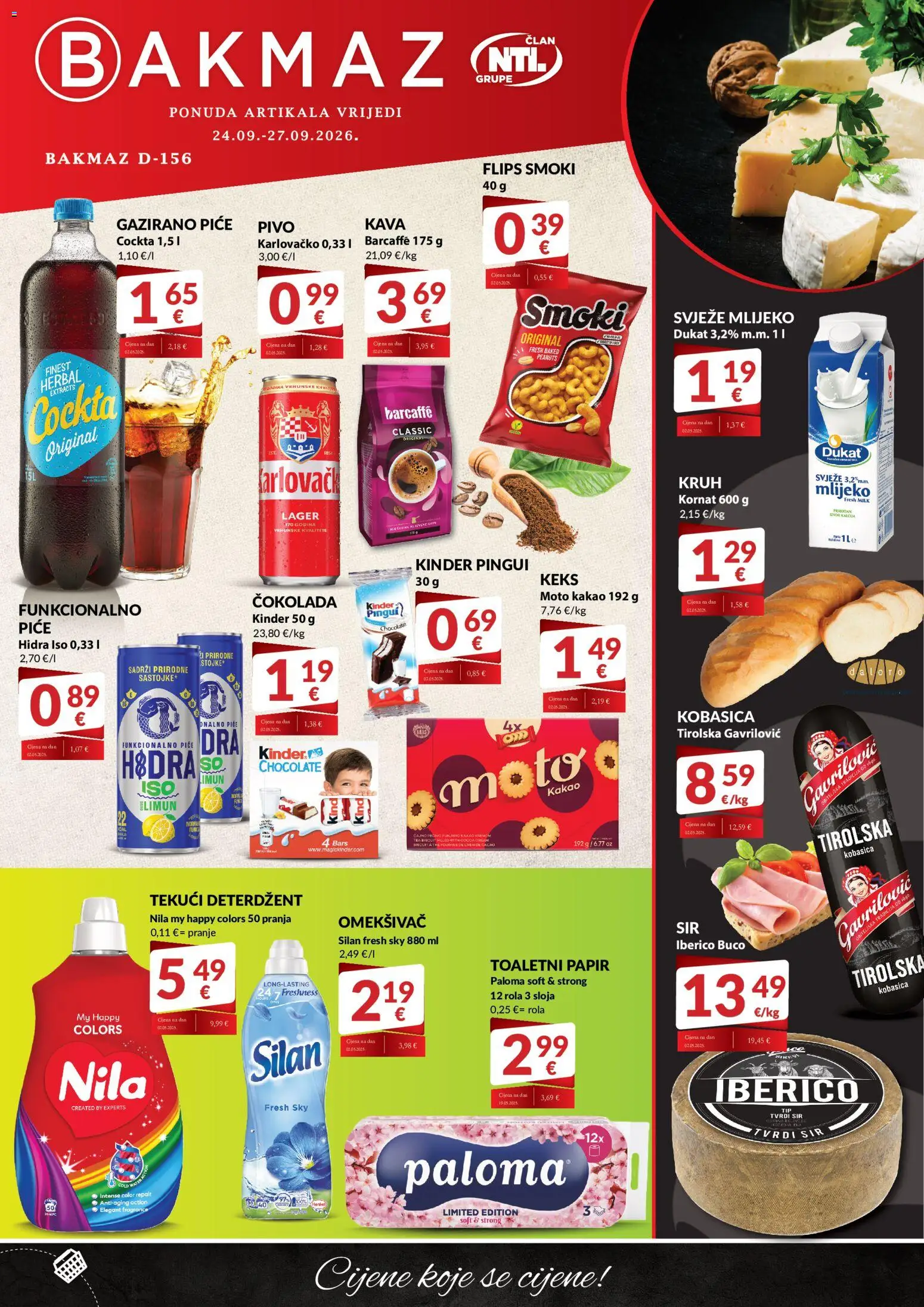Pregled letka Bakmaz Letak trgovine Bakmaz vrijedi od 24.09.2026 - Čokolada, Kruh, Kobasica, Flips, Deterdžent, Omekšivač, Lager, Tekući deterdžent