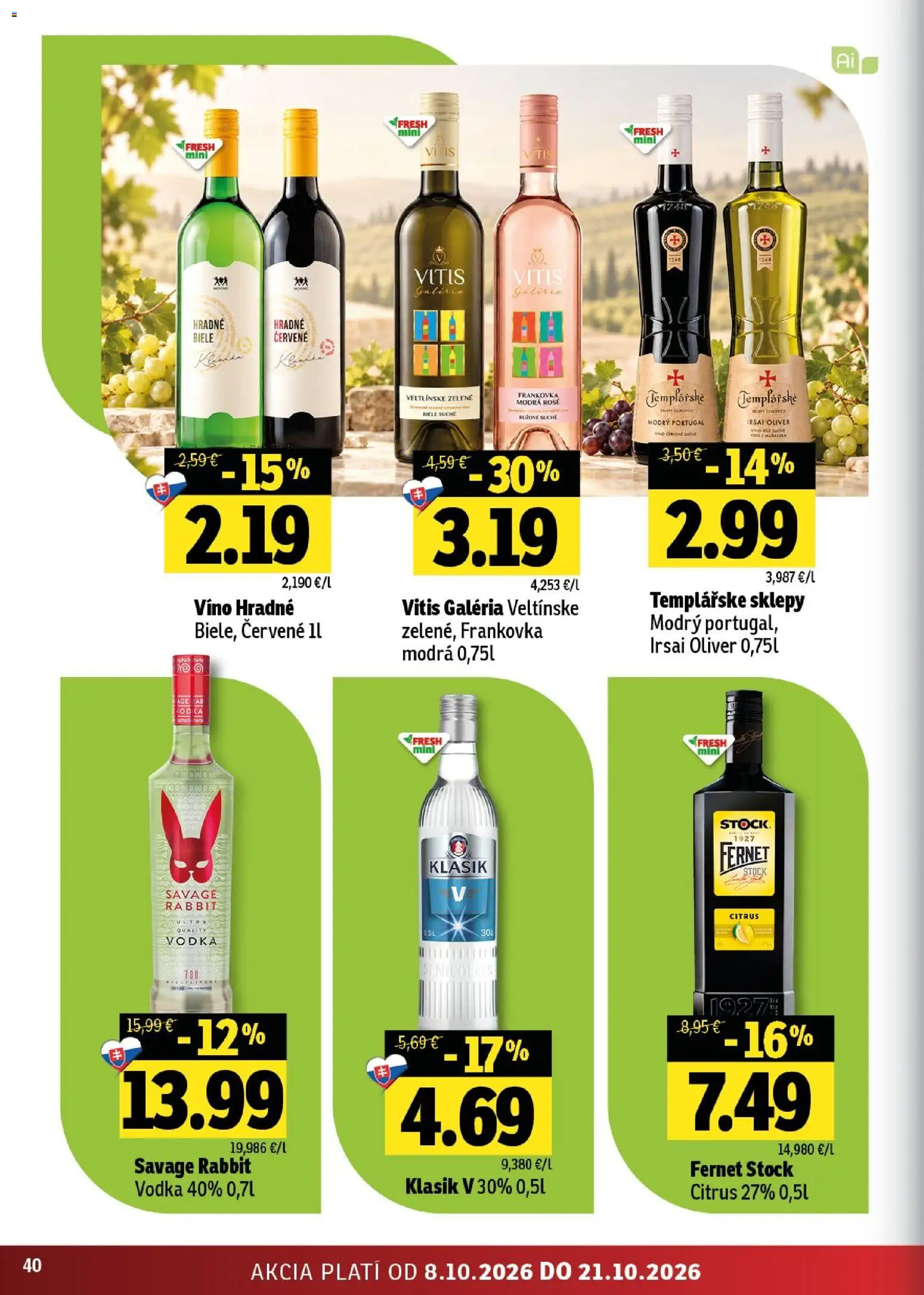 Náhľad Fresh letáku platného od 08.10.2026 - Víno, Vodka, Fernet, Fernet Stock