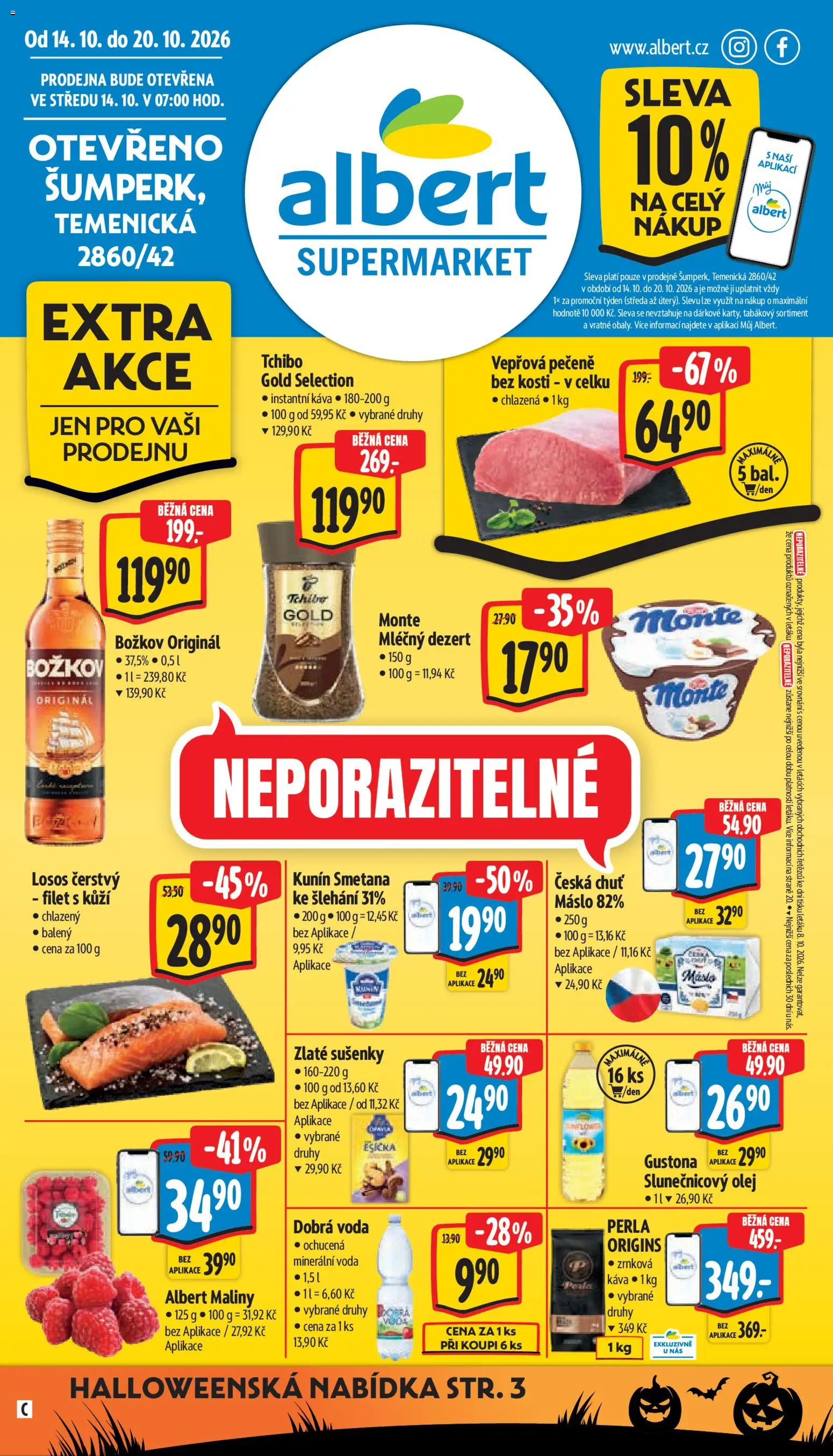 Náhled nabídky: Albert Albert leták - Supermarket Šumperk platný od 14.10.2026 - Tchibo, Máslo, Zrnková káva, Božkov, Smetana ke šlehání, Instantní káva, Maliny, Minerální voda