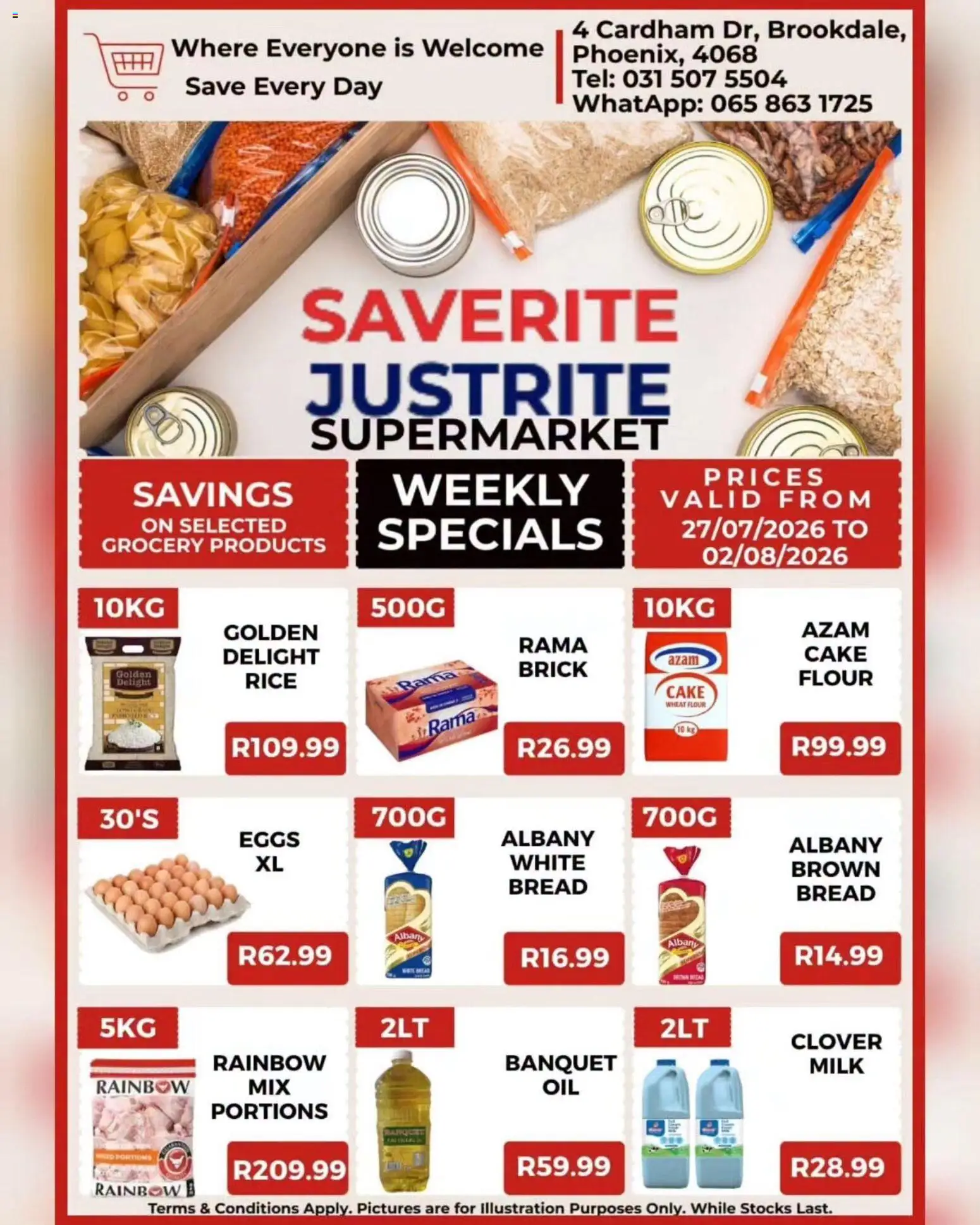 Preview of Saverite flyer valid from 27/07/2026 - Cake, Eggs, Milk, Bread, Rice, Flour