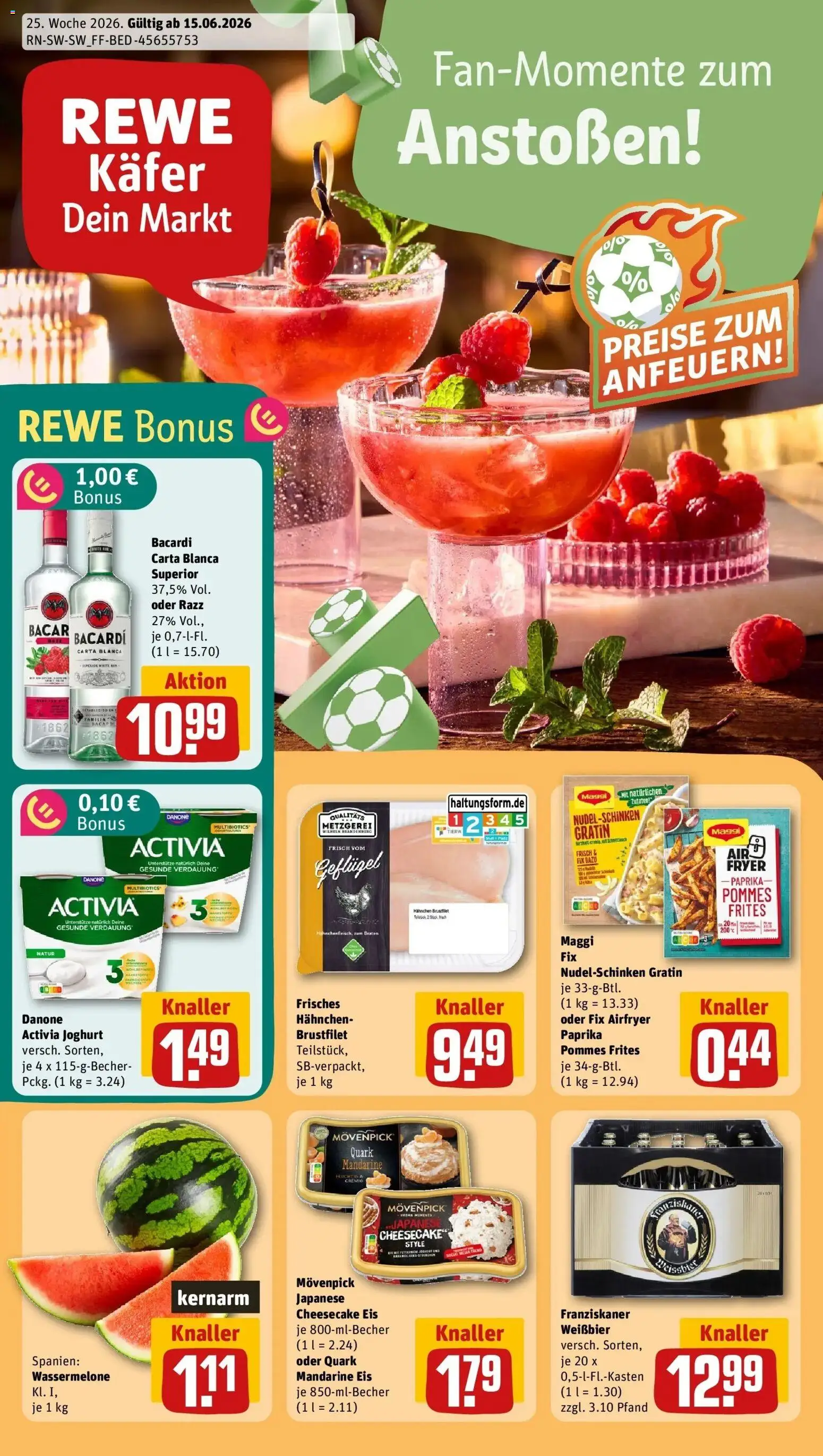 Vorschau von dem Prospekt des Geschäftes Rewe, gültig ab dem 14.06.2026 - Pasta, Joghurt, Pommes, Paprika, Wassermelone, Rum, Pommes frites, Franziskaner