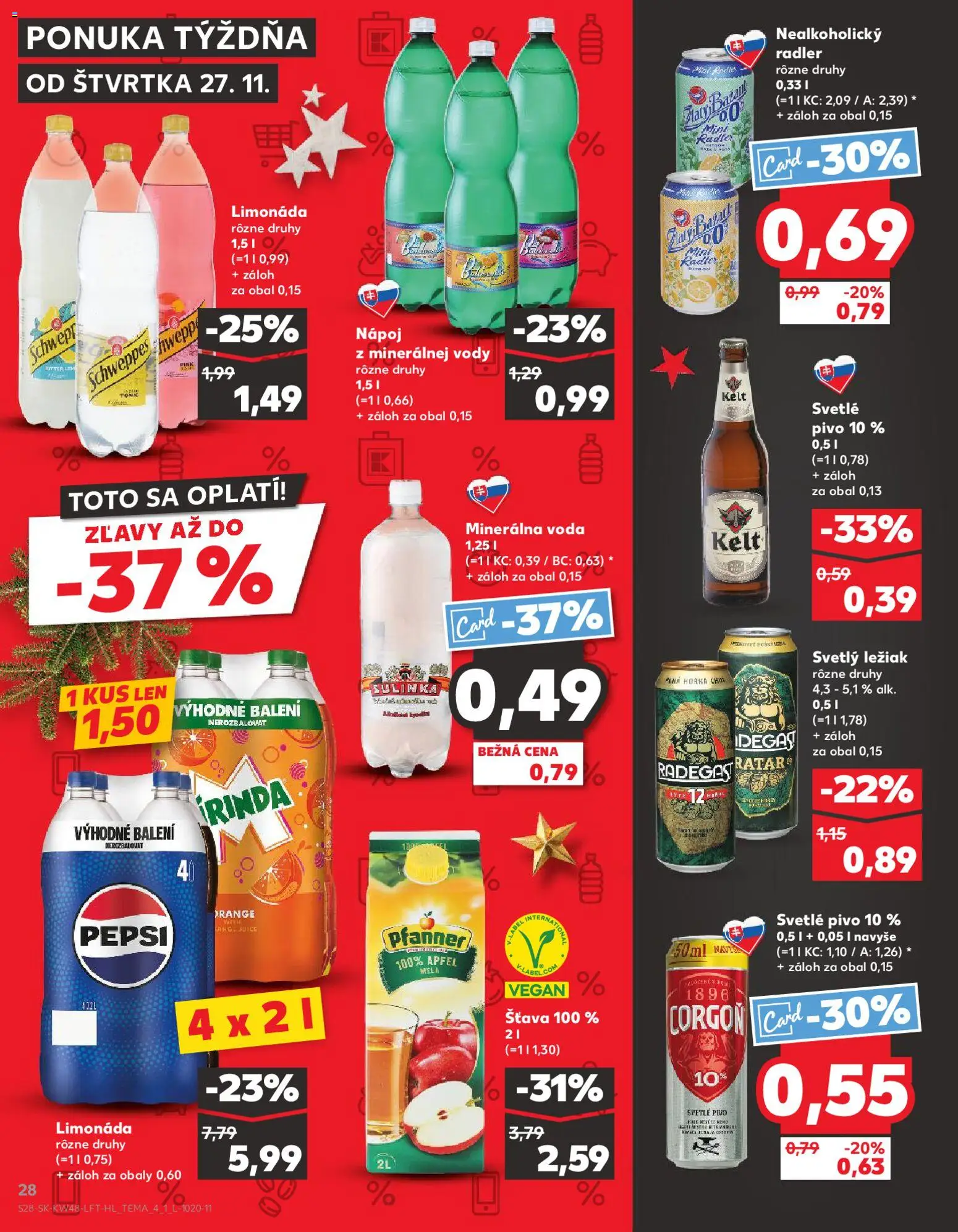 Náhľad Kaufland letáku platného od 27.11.2025 - Voda, Pivo, Radegast, Pepsi, Radler, Corgoň, Minerálna voda, Šťava