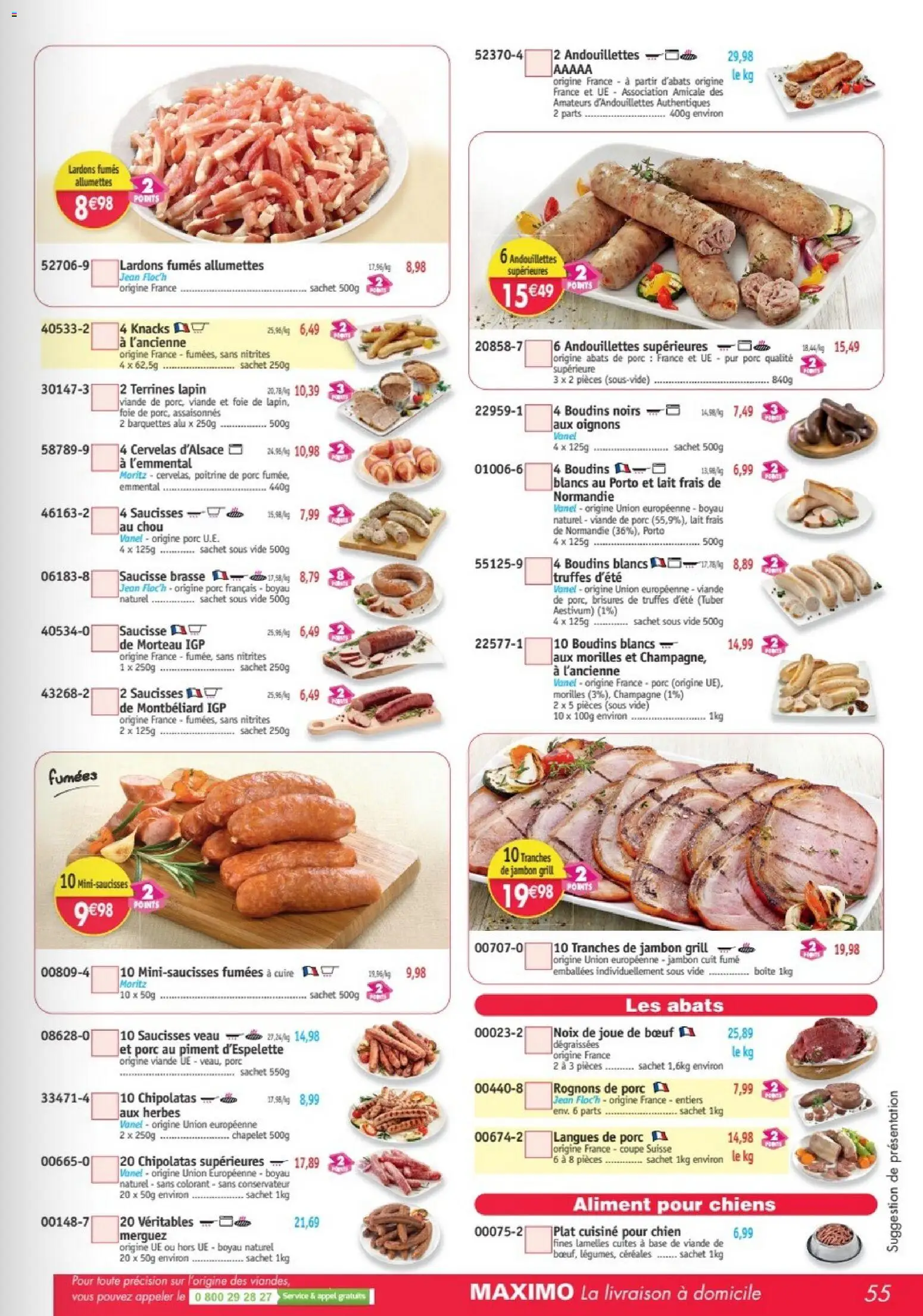 Prévisualisation de Maximo catalogue du magasin Maximo formulaire valide 26/10/2026 - Andouillettes, Oignons, Noix, Joue de bœuf, Merguez, Boudins blancs, Brisures de truffes, Piment d'espelette