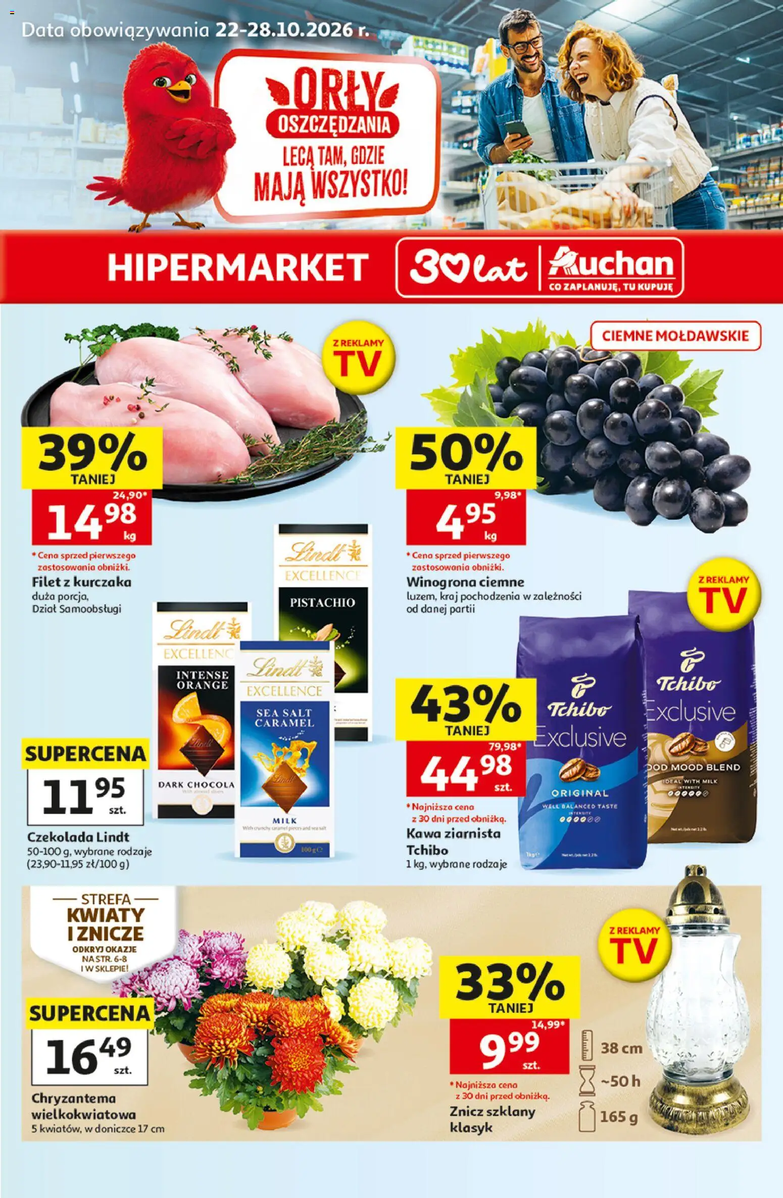 Pogląd gazetki "Auchan gazetka - Hipermarket" ze sklepu Auchan ważnej od 22.10.2026 - Znicze, Czekolada, Kawa ziarnista, Filet z kurczaka, Winogrona, Czekolada lindt, Filet, Tchibo exclusive
