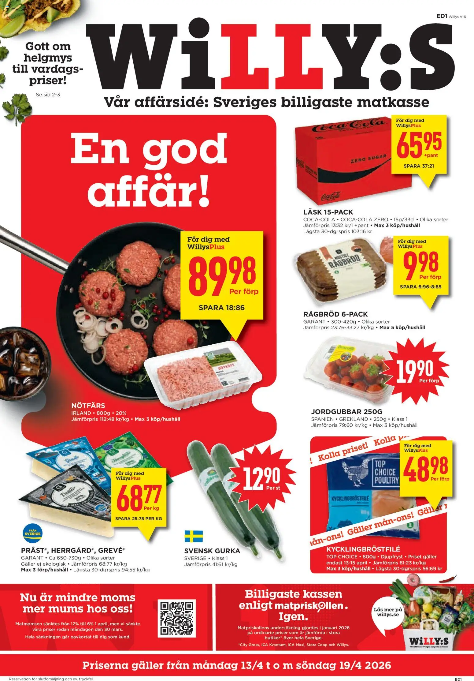 Förhandsgranska reklamblad Willys erbjudanden från butik Willys gäller från 13/04/2026 - Jordgubbar, Gurka, Galler, Nötfärs