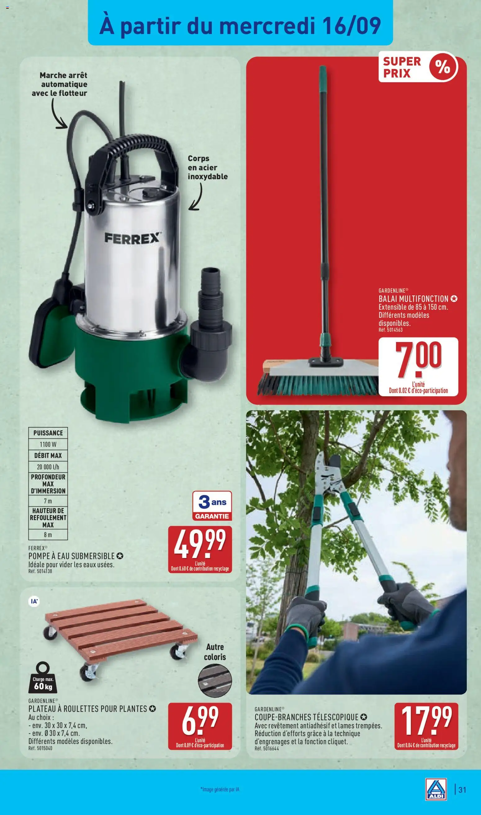 Prévisualisation de Aldi catalogue du magasin Aldi formulaire valide 15/09/2026 - Plantes, Balai, Plateau, Pompe à eau