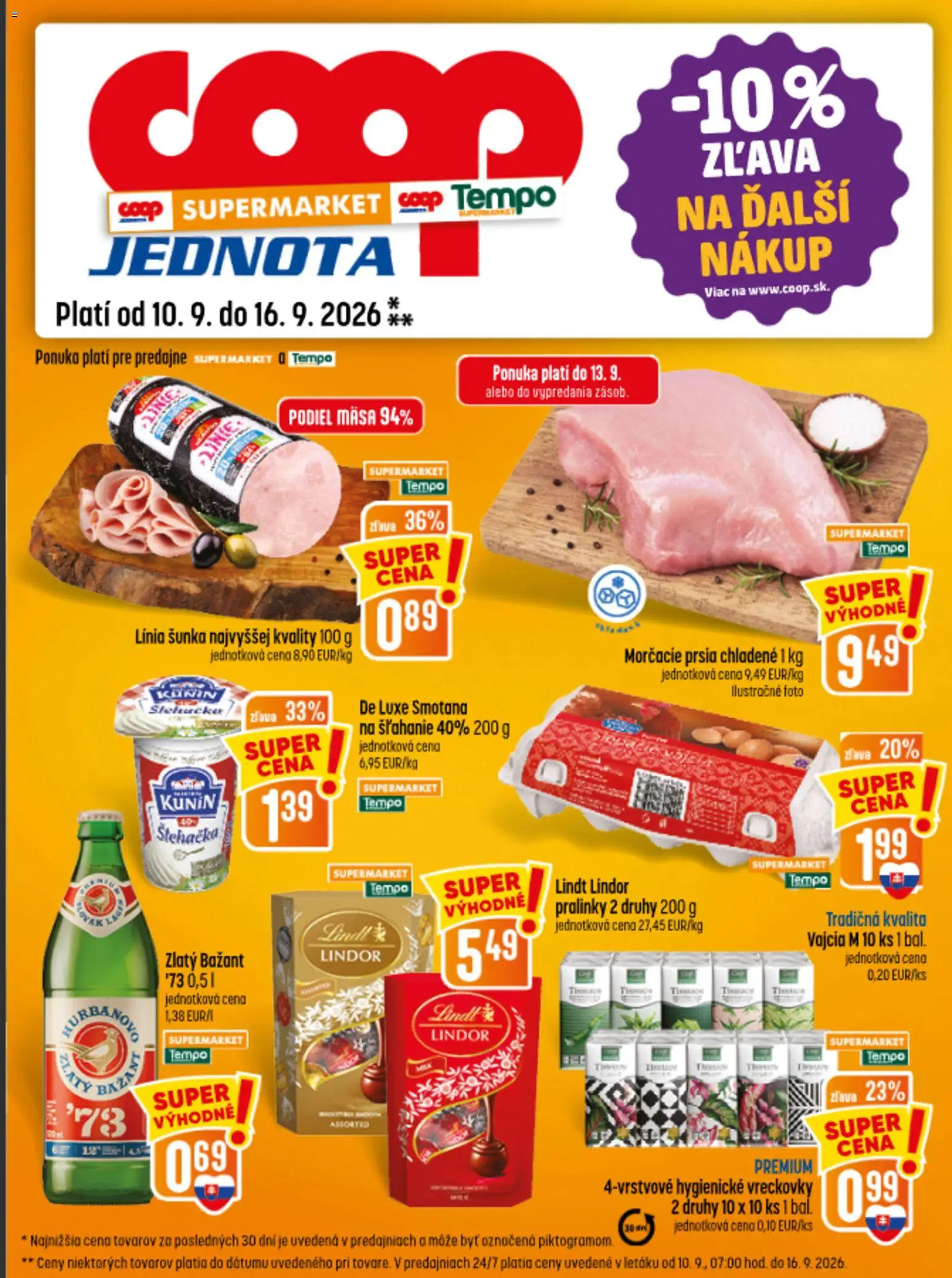 Náhľad COOP Jednota letáku platného od 10.09.2026 - Lindt, Vajcia, Morčacie prsia, Šunka, Lindor, Smotana, Vreckovky, Vajcia M
