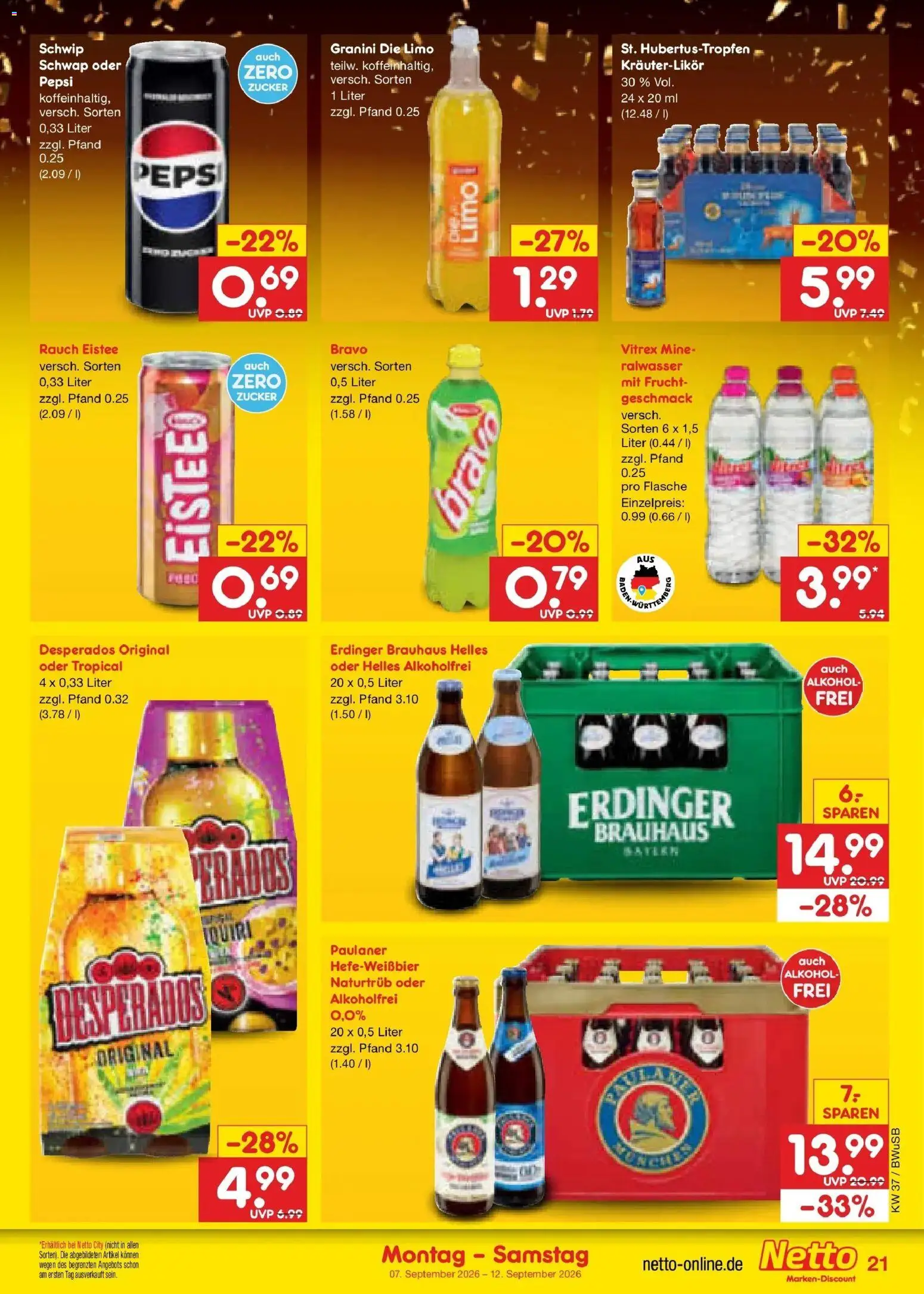 Vorschau von dem Prospekt des Geschäftes Netto Marken-Discount, gültig ab dem 07.09.2026 - Alkohol, Zucker, Desperados, Paulaner, Pepsi, Erdinger, Granini, Granini die limo