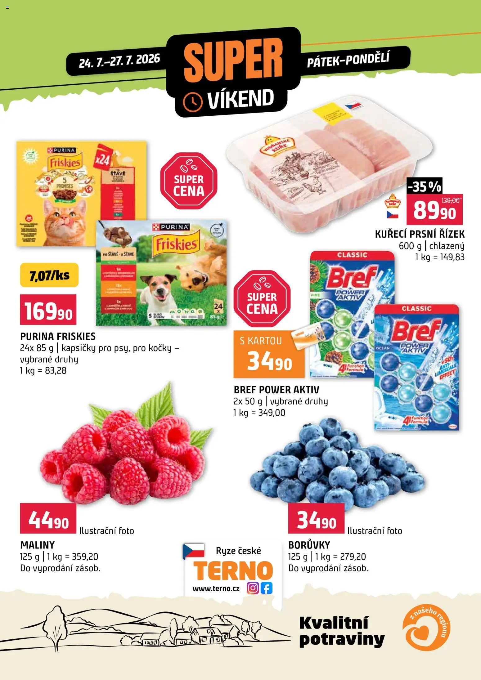 Náhled nabídky: Terno Terno leták - Super víkend platný od 24.07.2026 - Potraviny, Rýže, Kuře, Borůvky, Maliny, Purina, Kapsičky