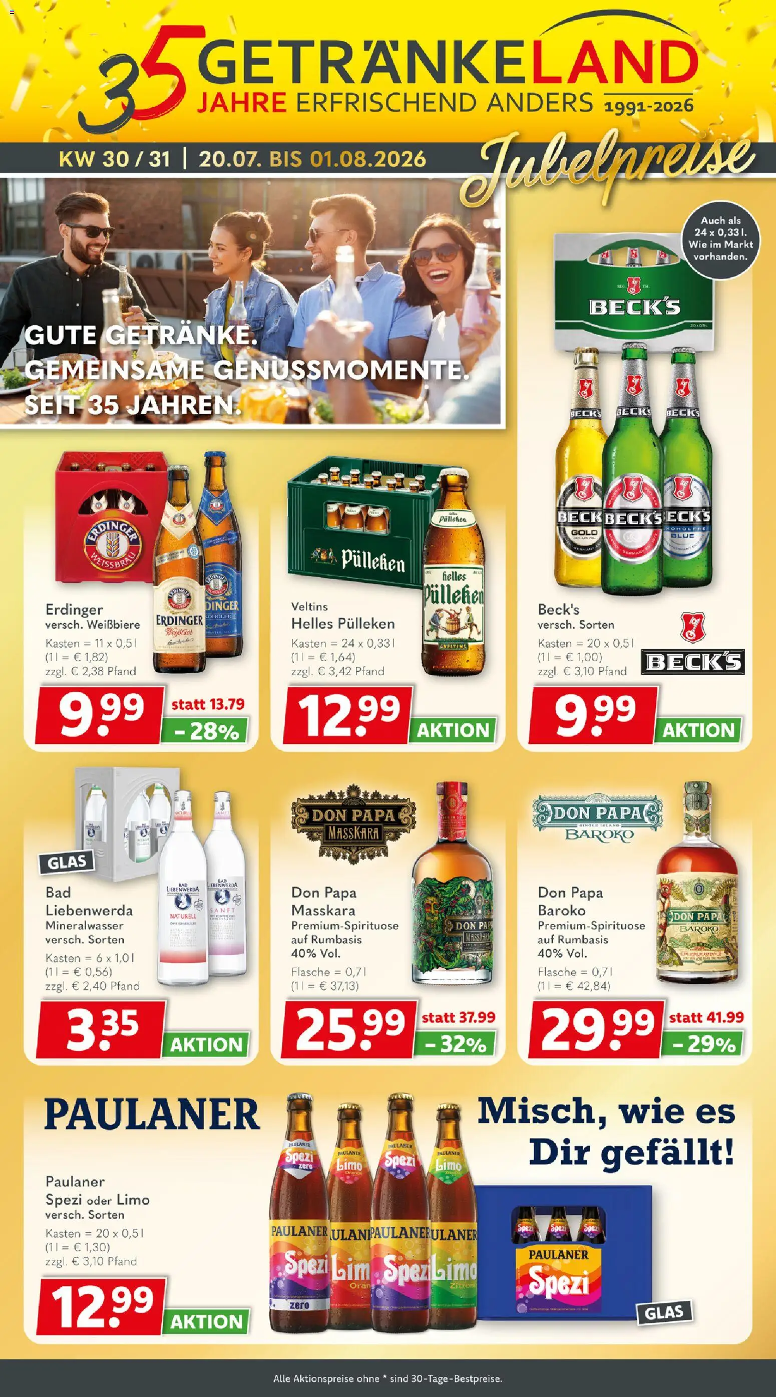 Vorschau von dem Prospekt des Geschäftes Getränkeland, gültig ab dem 20.07.2026 - Mineralwasser, Paulaner spezi, Paulaner, Veltins, Erdinger, Helles pulleken