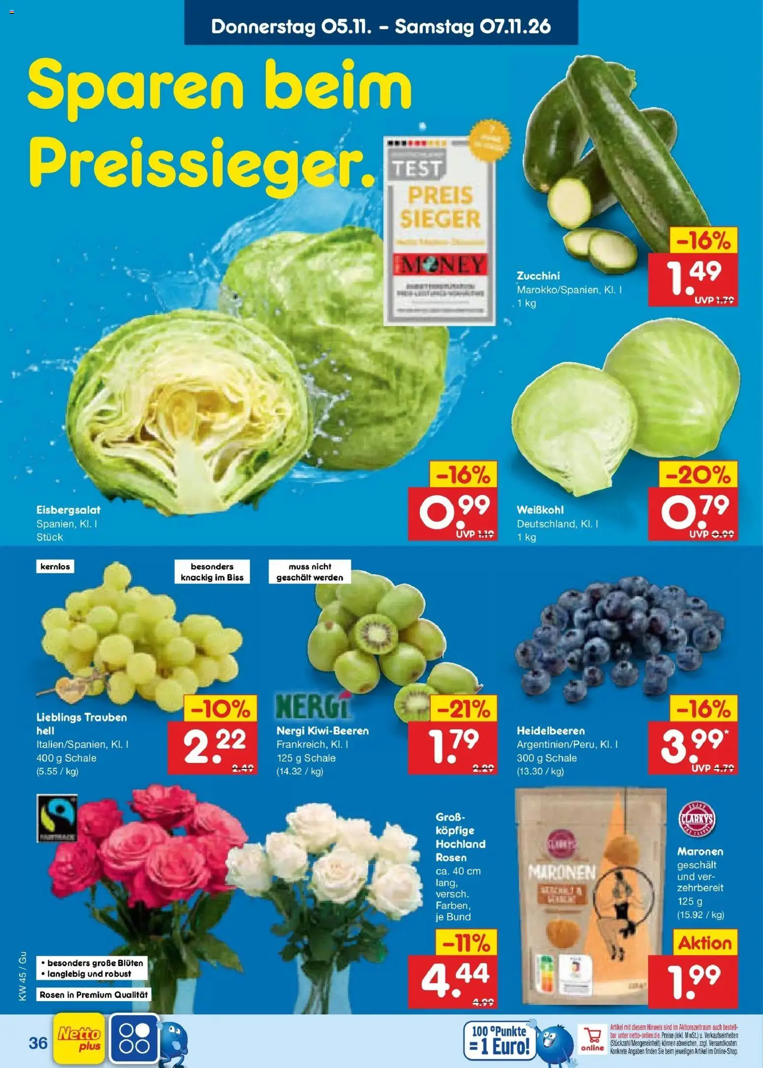 Vorschau von dem Prospekt des Geschäftes Netto Marken-Discount, gültig ab dem 02.11.2026 - Zucchini, Heidelbeeren, Trauben, Eisbergsalat