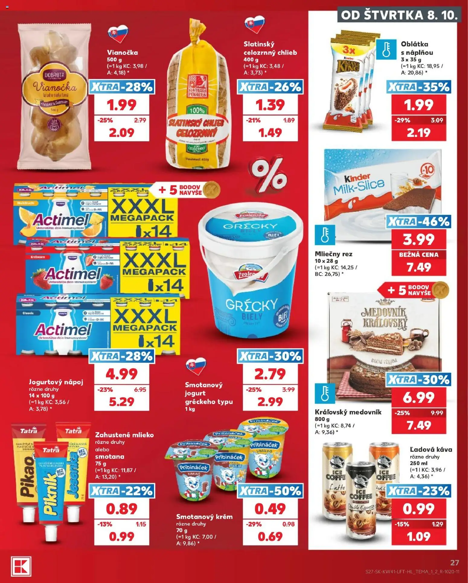 Náhľad Kaufland letáku platného od 08.10.2026 - Káva, Pekáreň, Chlieb, Kakao, Actimel, Vianočka, Smotana, Krém
