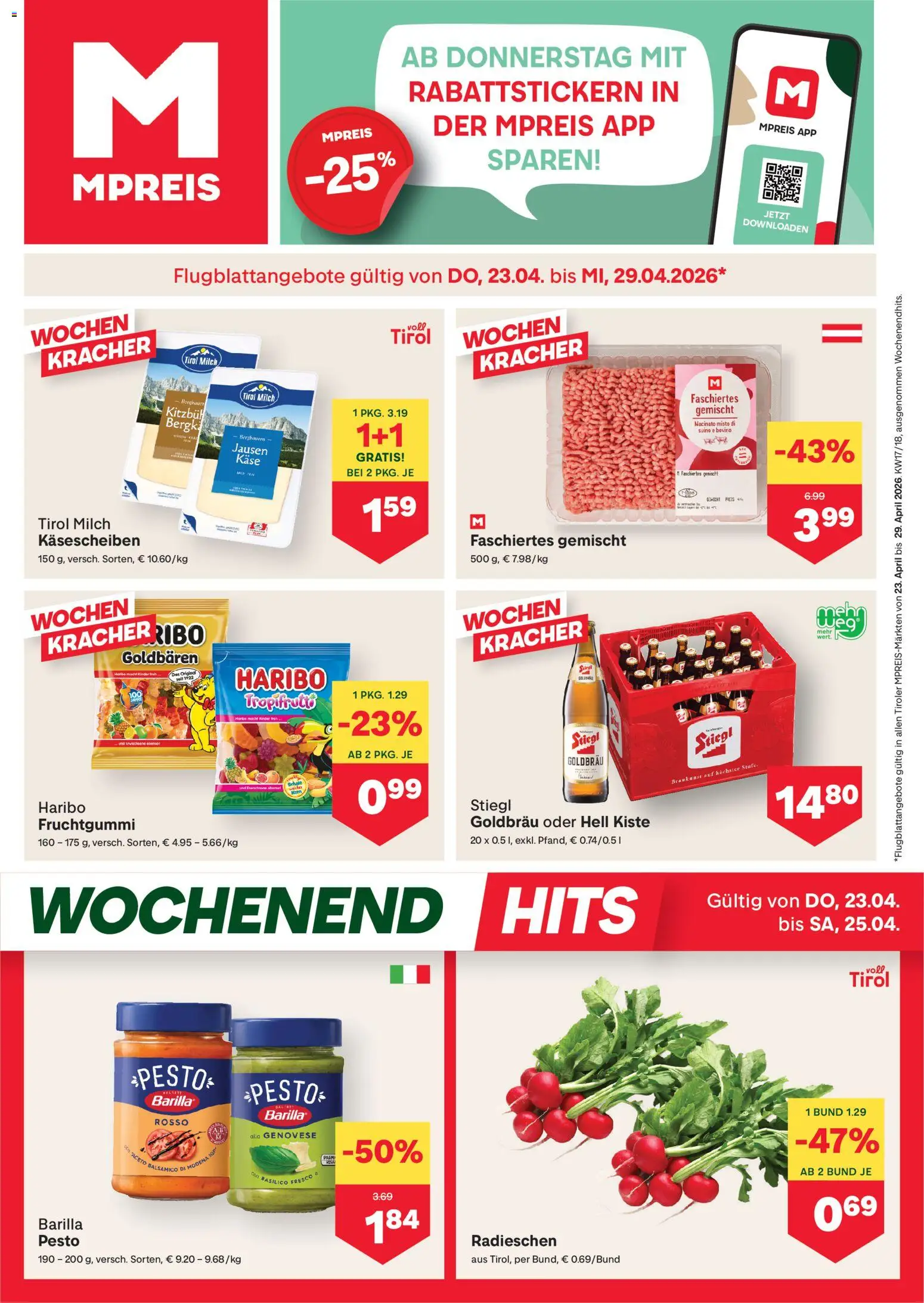 Vorschau der Angebote: MPREIS MPREIS Flugblatt gültig ab 23.04.2026 - Milch, Käse, Barilla, Gewicht