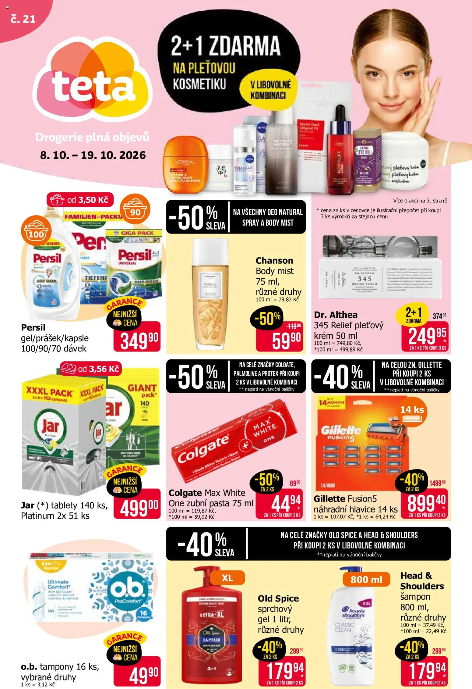 Náhled nabídky: TETA Drogerie TETA Drogerie leták platný od 08.10.2026 - Drogerie, Body, Sprchový gel, Tampony, Krém, Zubní pasta, Head & Shoulders, Gillette Fusion5