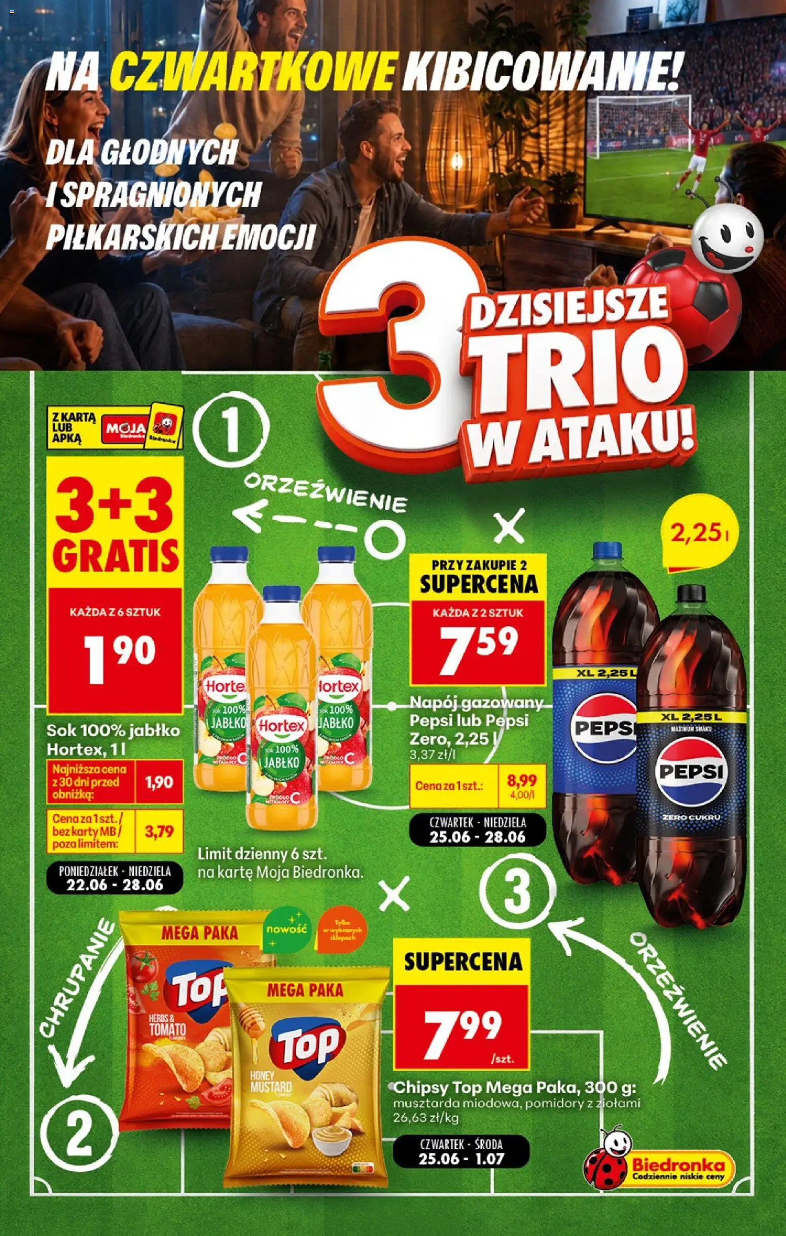 Pogląd gazetki "Biedronka gazetka - Football" ze sklepu Biedronka ważnej od 25.06.2026 - Top, Chipsy, Pepsi, Sok, Musztarda, Pomidory, Pepsi Zero, Chipsy Top
