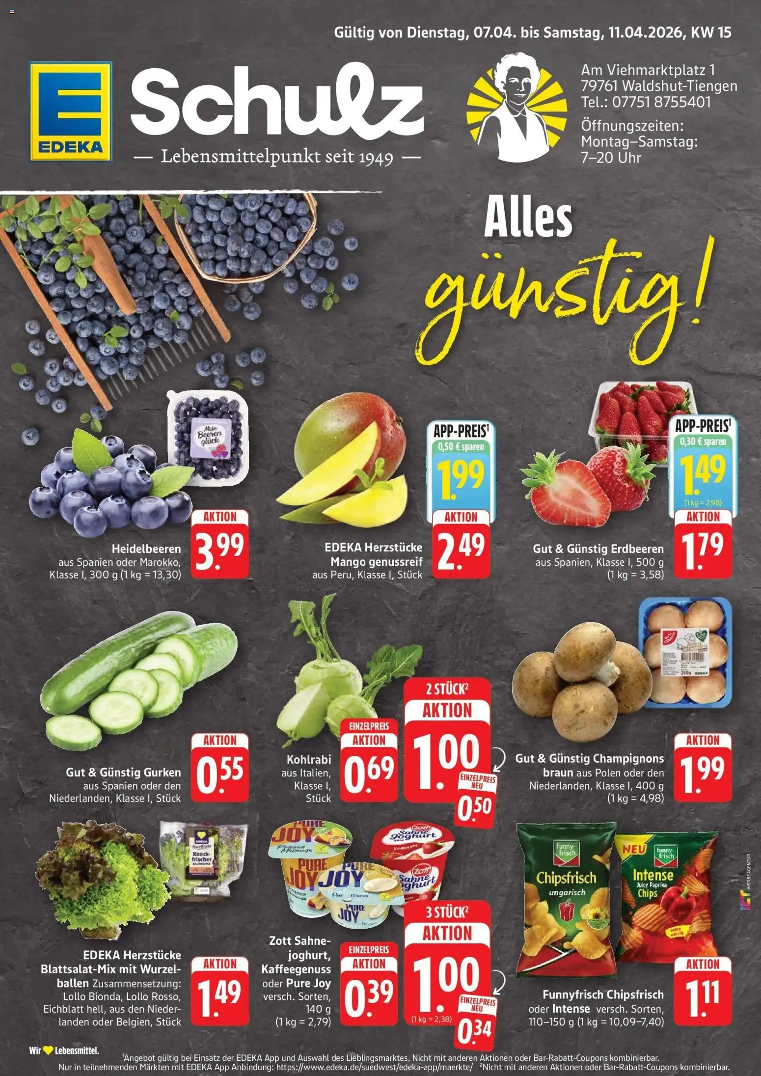 Vorschau von dem Prospekt des Geschäftes Edeka, gültig ab dem 05.04.2026 - Mango, Chips, Uhr, Erdbeeren, Kohlrabi, Heidelbeeren, Champignons, Sahne