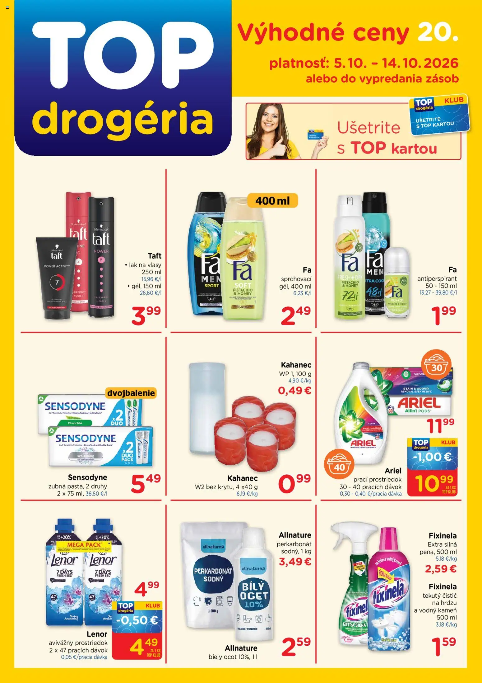 Náhľad TOP Drogéria letáku platného od 05.10.2026 - Biely ocot, Ariel, Ocot, Antiperspirant, Lenor, Lak na vlasy