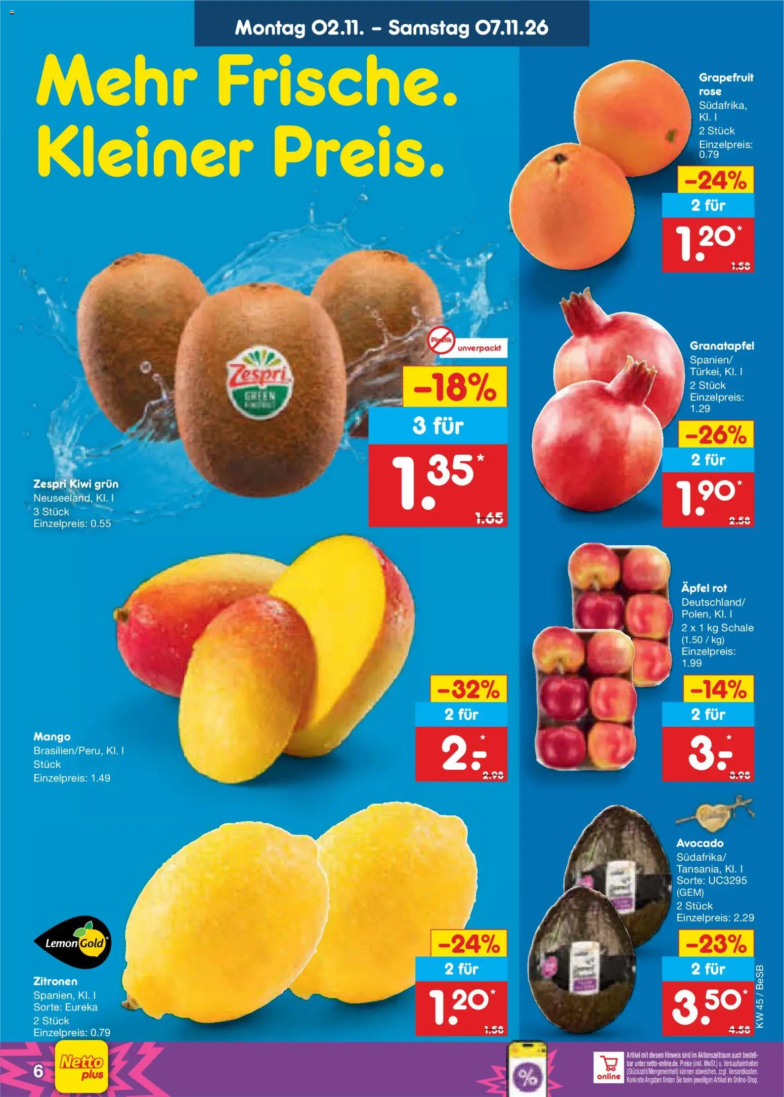 Vorschau von dem Prospekt des Geschäftes Netto Marken-Discount, gültig ab dem 02.11.2026 - Mango, Äpfel, Avocado, Kiwi, Granatapfel, Grapefruit, Zitronen