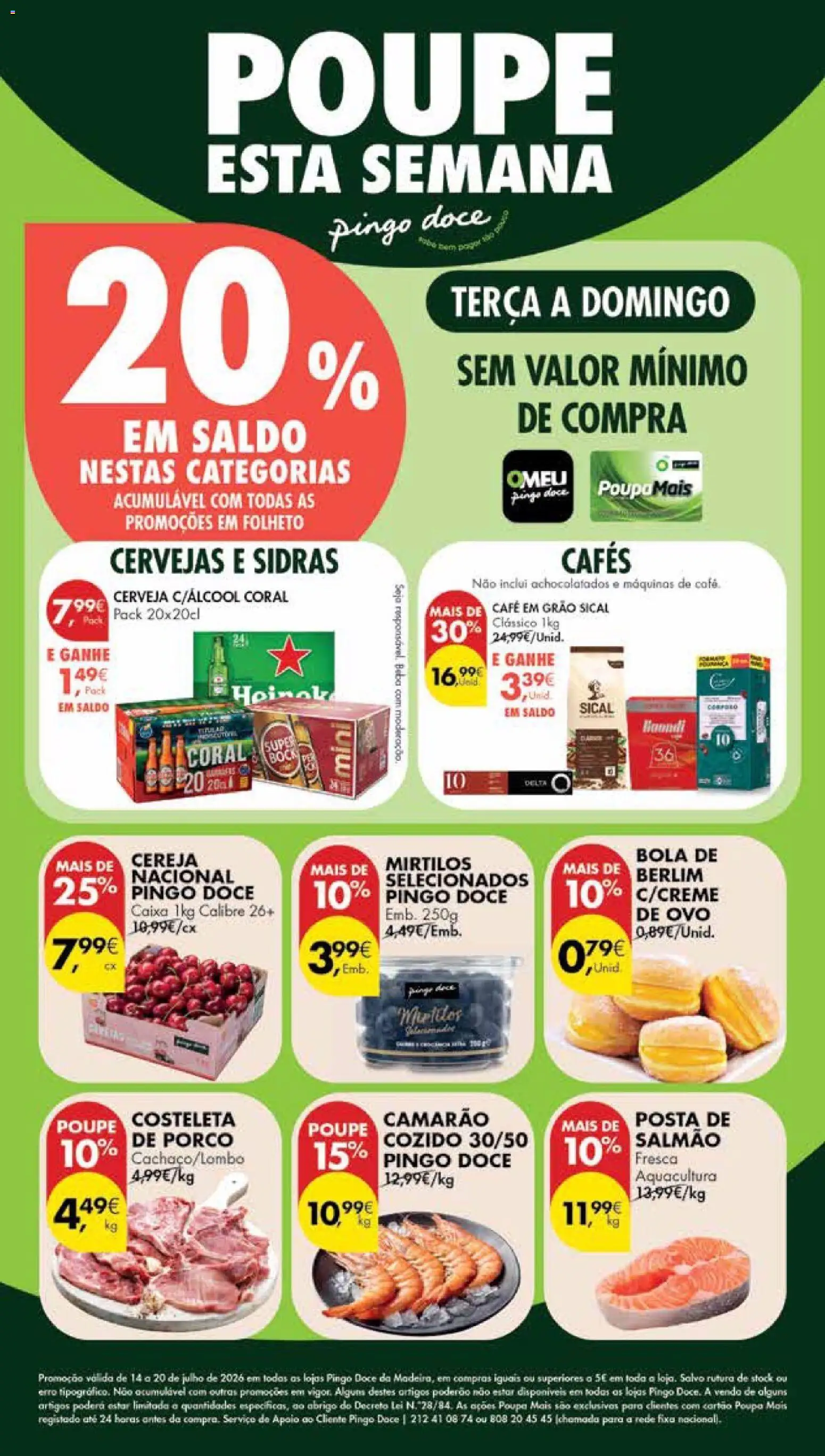 Pré-visualização do folheto da loja Pingo Doce válida a partir de 14/07/2026 - Caixa, Cerveja, Camarão, Cereja, Mirtilos, Costeleta, Salmão, Café em grão
