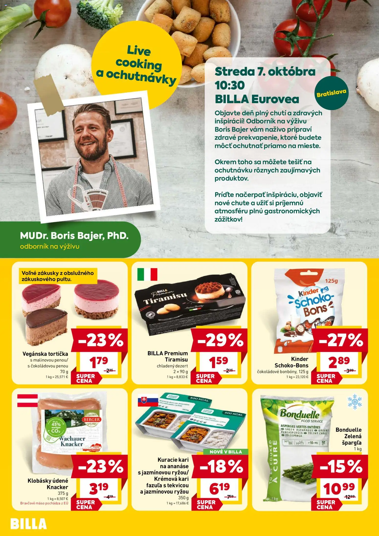 Náhľad Billa letáku platného od 07.10.2026 - Mäso, Tiramisu, Zákusky, Kinder, Dezert, Fazuľa, Bravčové mäso, Špargľa
