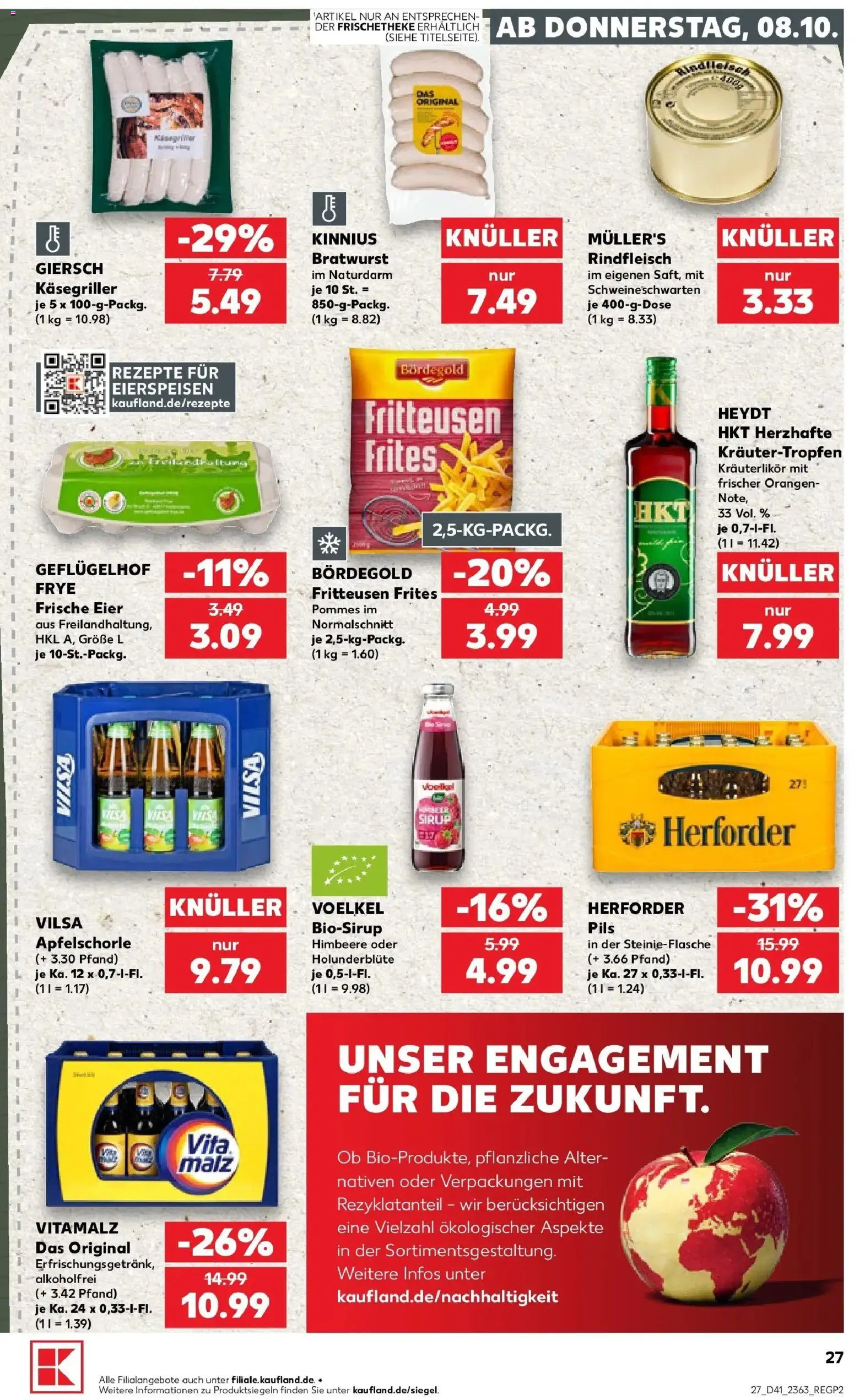 Vorschau von dem Prospekt des Geschäftes Kaufland, gültig ab dem 08.10.2026 - Pommes, Bratwurst, Himbeere, Eier, Rindfleisch, Sirup, Orangen, Pils