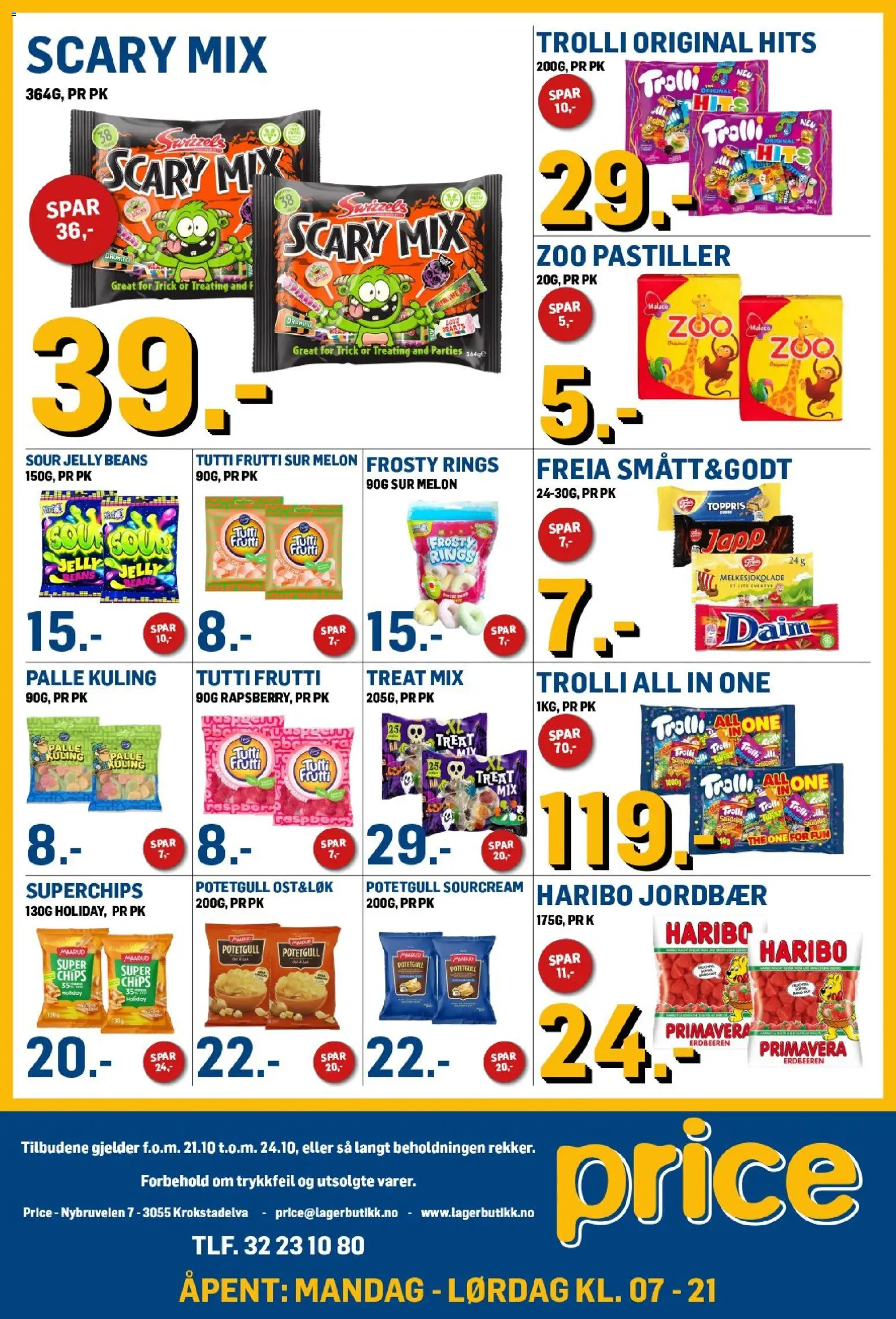 Forhåndsvis Price Lagerbutikk kundeavis fra butikk Price Lagerbutikk gyldig fra 21/10/2026 - Ost, Chips, And, Jordbær, Melon, Potetgull