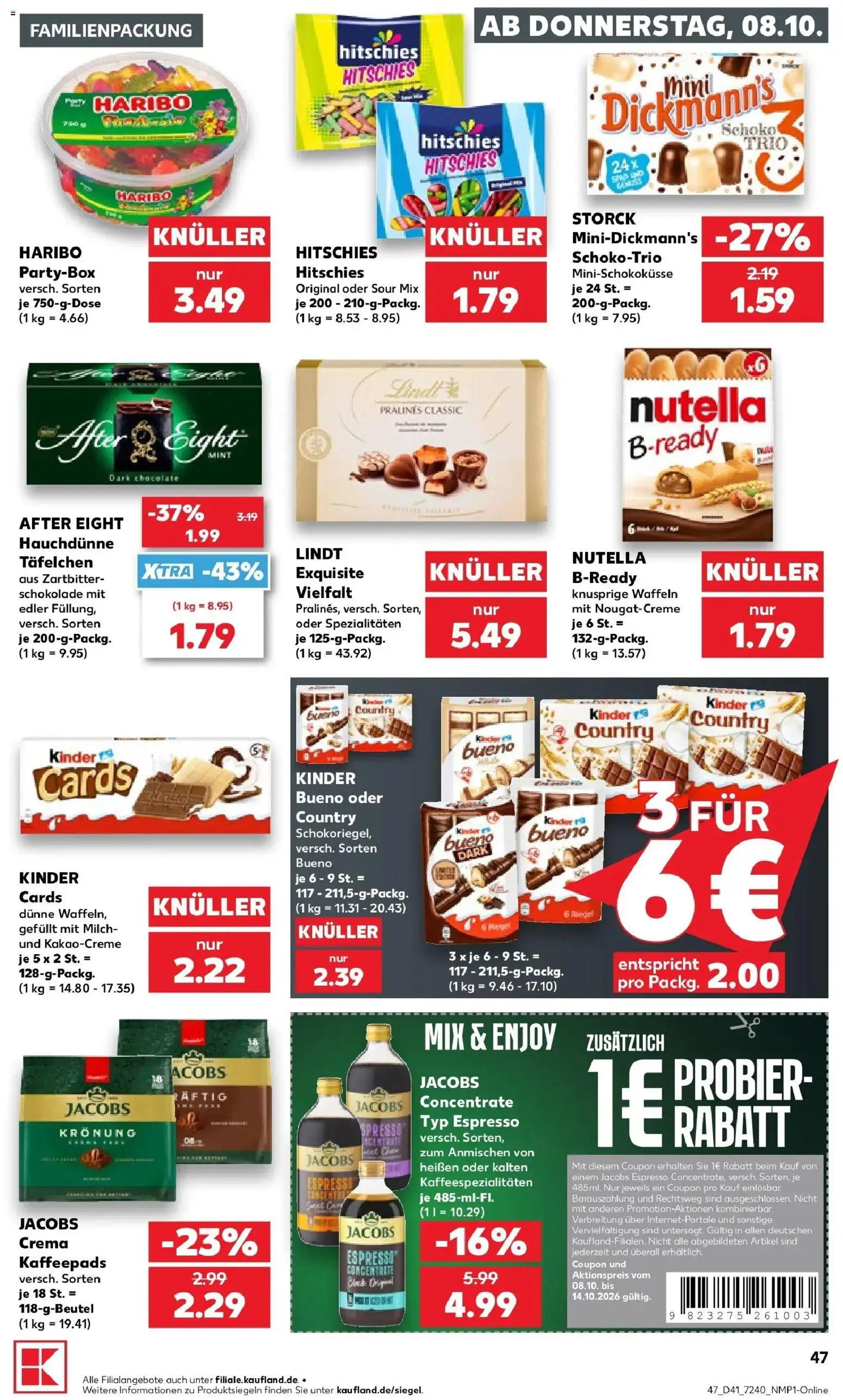 Vorschau von dem Prospekt des Geschäftes Kaufland, gültig ab dem 08.10.2026 - Schokolade, Haribo, Waffeln, Lindt, Nutella, Kinder bueno, Kaffeepads, Spezialitäten