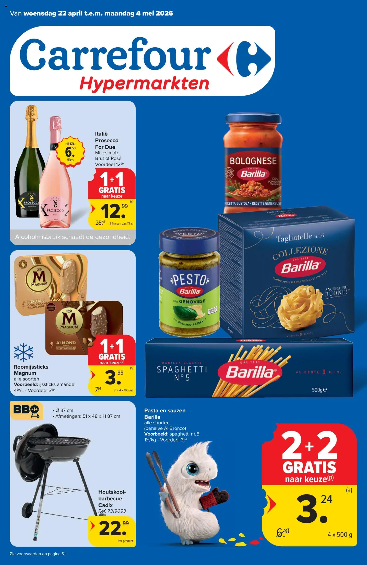 Voorbeeld van Carrefour Folder week 17 van winkel Carrefour geldig vanaf 22/04/2026 - Pasta, Spaghetti, Prosecco, Pesto, Magnum, Houtskool, Barilla, Sauzen