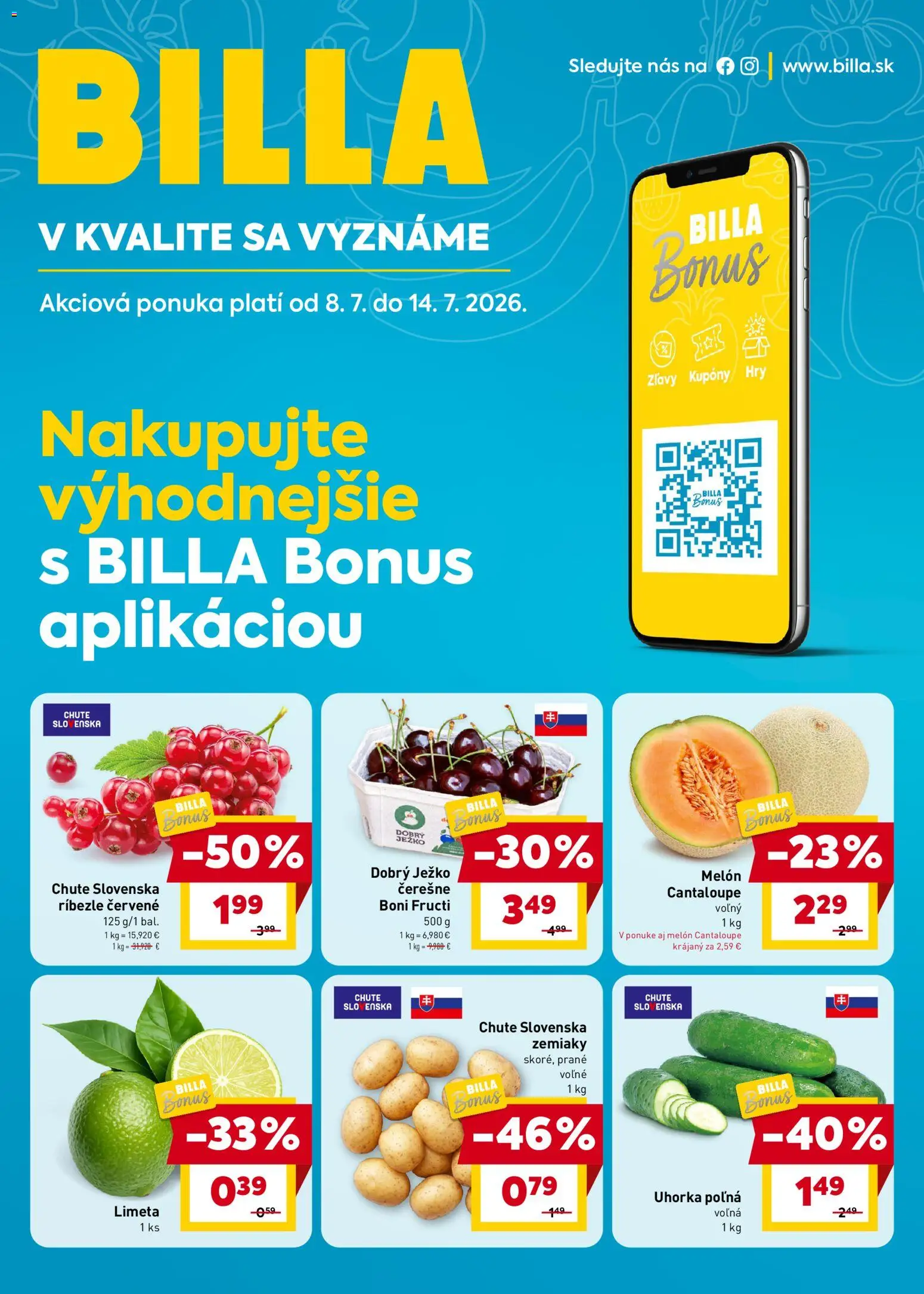 Náhľad Billa letáku platného od 08.07.2026 - Zemiaky, Čerešne, Uhorka, Melón, Ríbezle