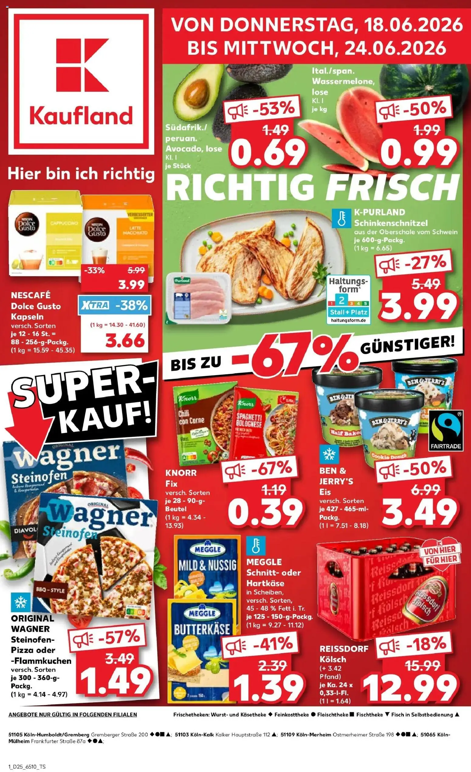 Vorschau von dem Prospekt des Geschäftes Kaufland, gültig ab dem 18.06.2026 - Schnitzel, Fisch, Wurst, Dolce gusto, Dolce Gusto kapseln, Knorr, Ben & Jerry's, Meggle butter