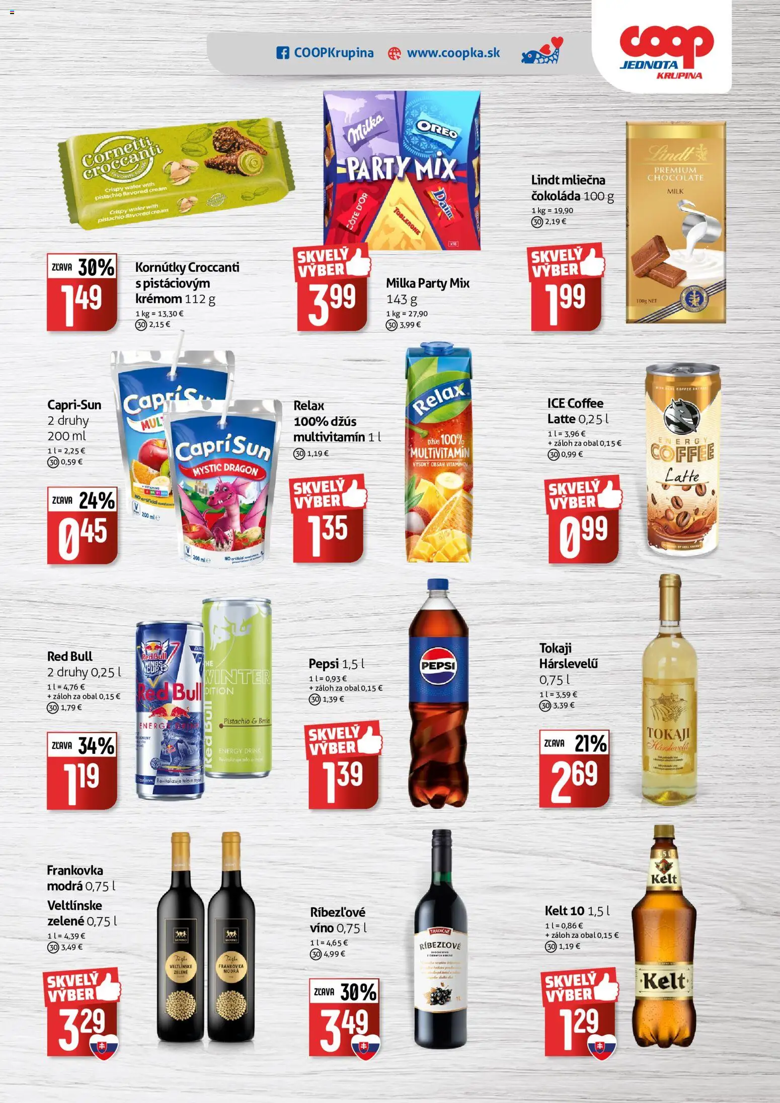 Náhľad COOP Jednota letáku platného od 14.10.2026 - Víno, Red Bull, Lindt, Milka, Pepsi, Multivitamín, Džús, Kelt