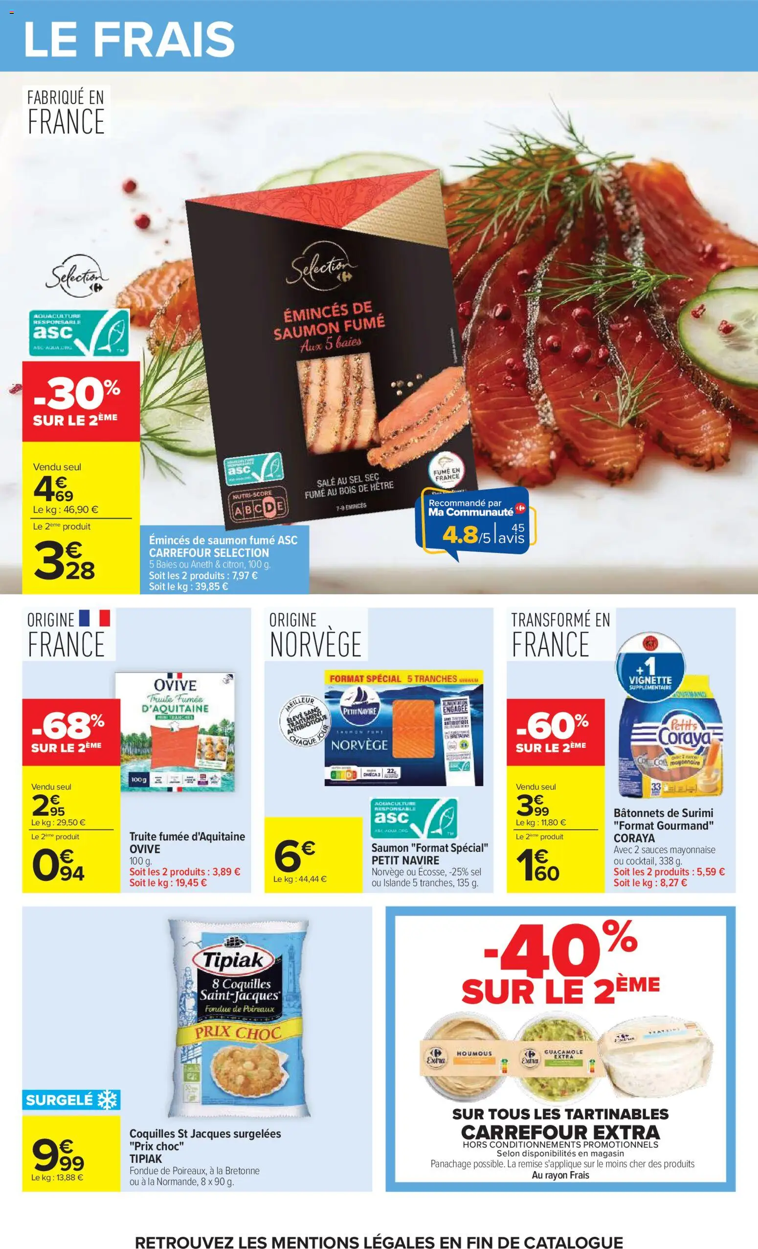 Prévisualisation de Carrefour catalogue du magasin Carrefour formulaire valide 20/10/2026 - Houmous, Poireaux, Saumon, Mayonnaise, Aneth, Sel, Truite fumée, Surimi