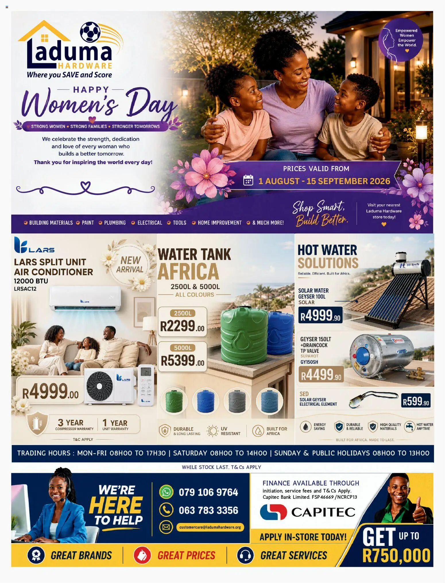 Preview of Laduma Hardware flyer valid from 01/08/2026 - Water, Geyser, Air conditioner, Compressor, Tank, Stock, Valve, Conditioner