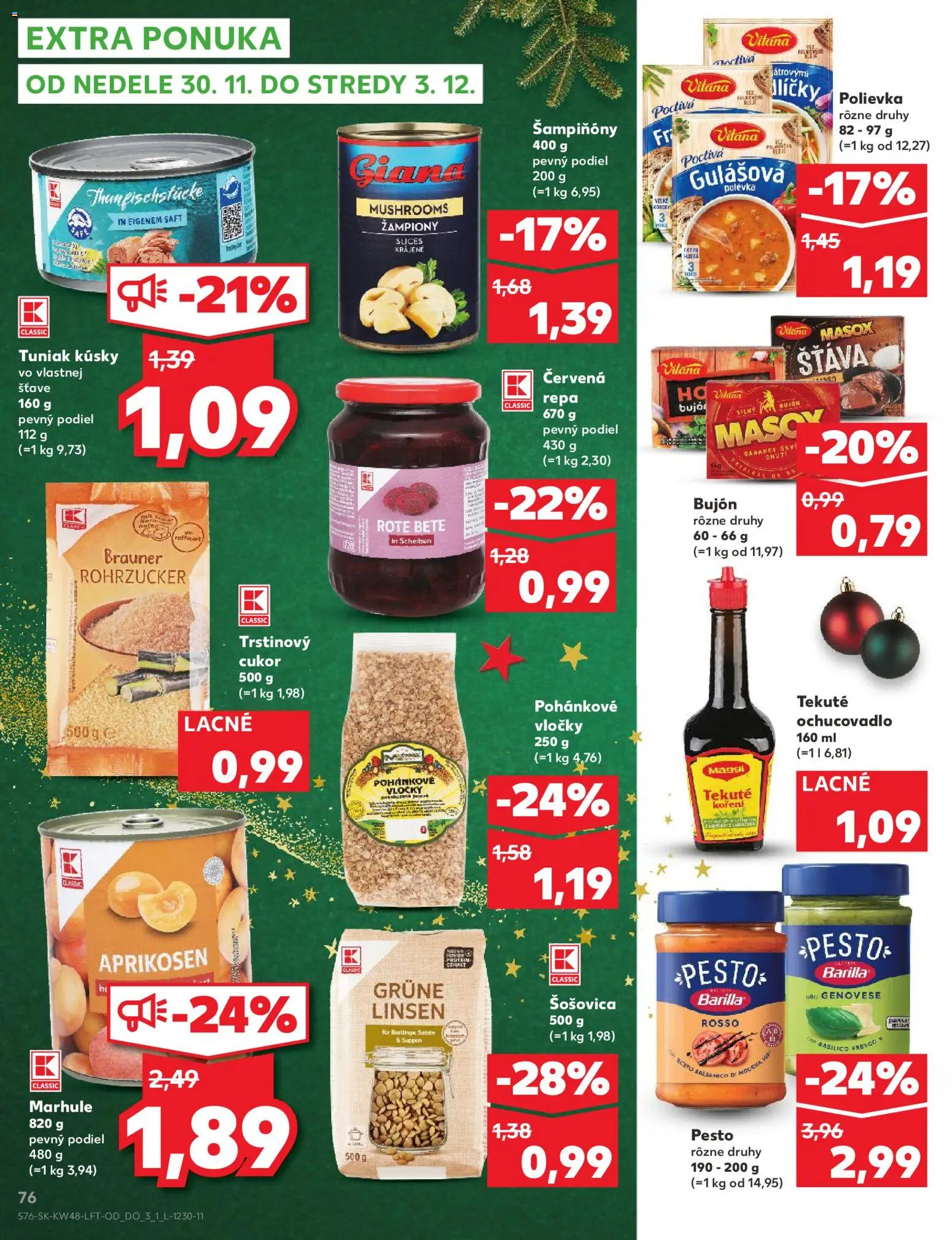 Náhľad Kaufland letáku platného od 27.11.2025 - Tuniak, Cukor, Marhule, Vločky, Červená repa, Masox, Bujón, Šťava